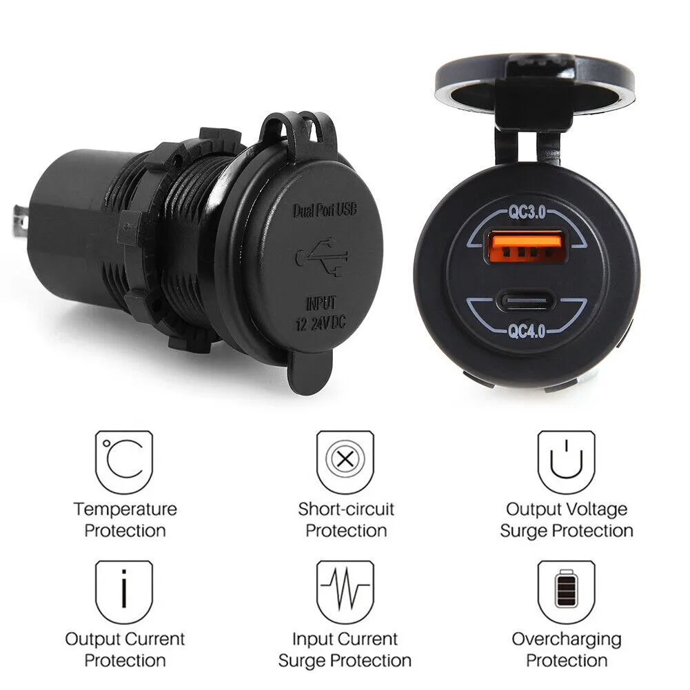 12-24V QC3.0 QC4.0 Dual USB Car Charger Socket Type C Quick Charge Waterproof for RV Yachts Motorcycles