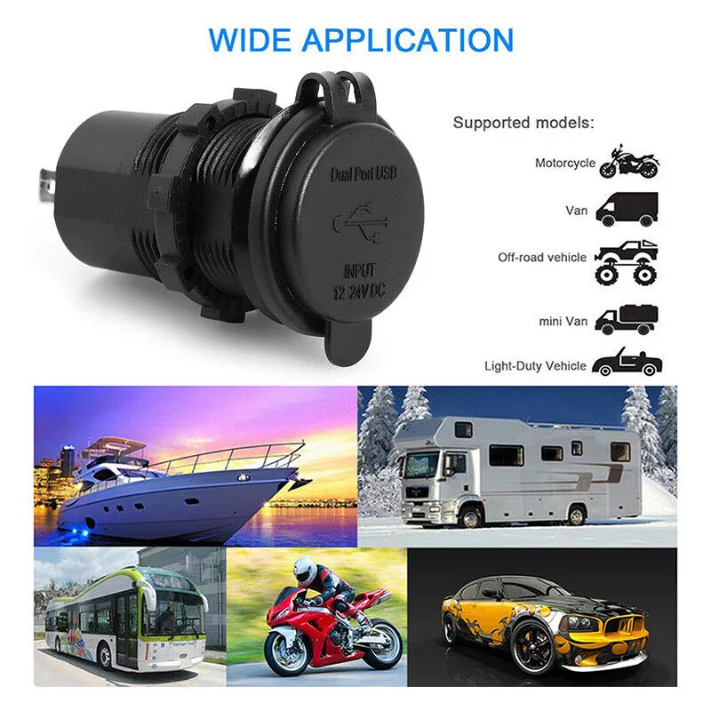 12-24V QC3.0 QC4.0 Dual USB Car Charger Socket Type C Quick Charge Waterproof for RV Yachts Motorcycles