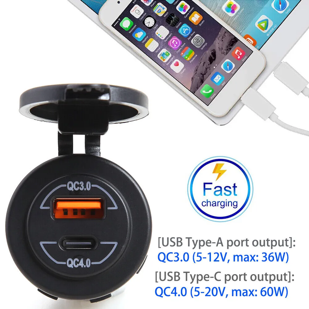 12-24V QC3.0 QC4.0 Dual USB Car Charger Socket Type C Quick Charge Waterproof for RV Yachts Motorcycles