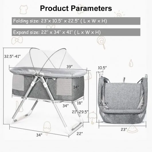 2 in 1 Foldable Crib with Detachable & Thicken Mattress-Gray