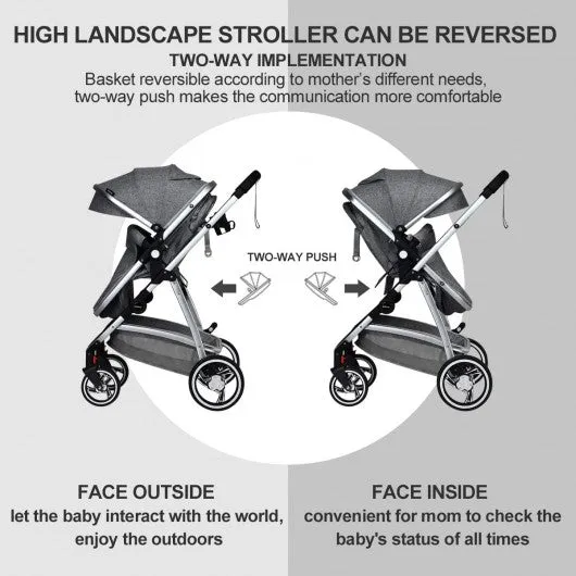 2 in 1 High Landscape Convertible Reversible Bassinet Pram-Dark Gray