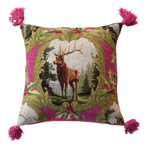 20" Square Linen Blend Pillow w Deer, Holly & Tassels