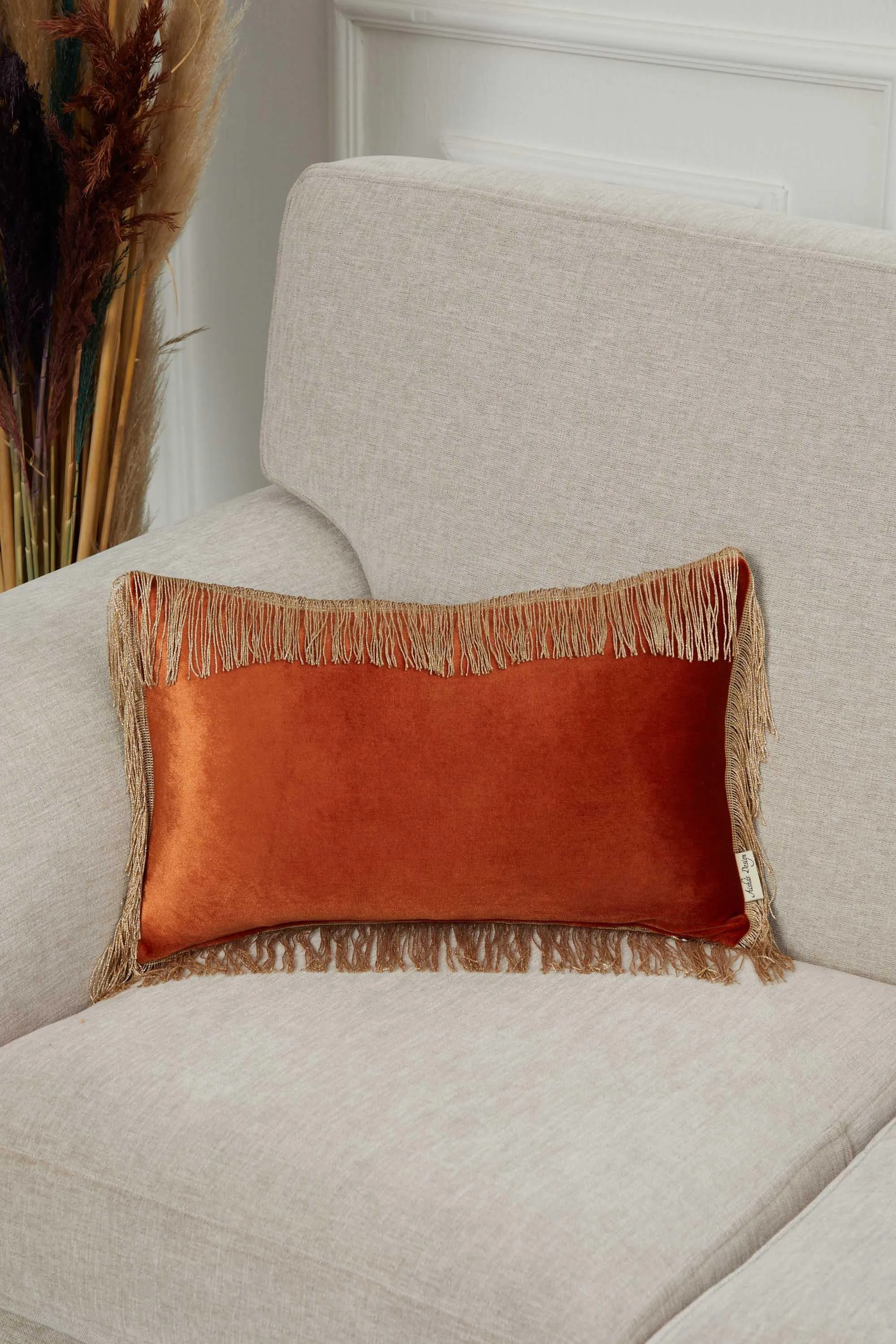 20x12 Quilted Velvet Long Fringes Throw Pillow Cover, Large Decorative Pillow Cover for Housewarming Gift, Modern Fringe Lumbar Pillow,K-354