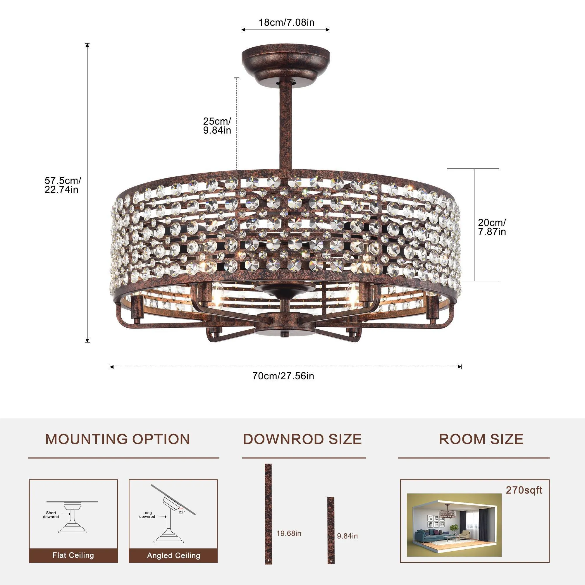 27" Crystal Chandelier Crystal Shade Ceiling Fan with Remote Control 6 Wind Speeds, 1H/2H/4H Timer