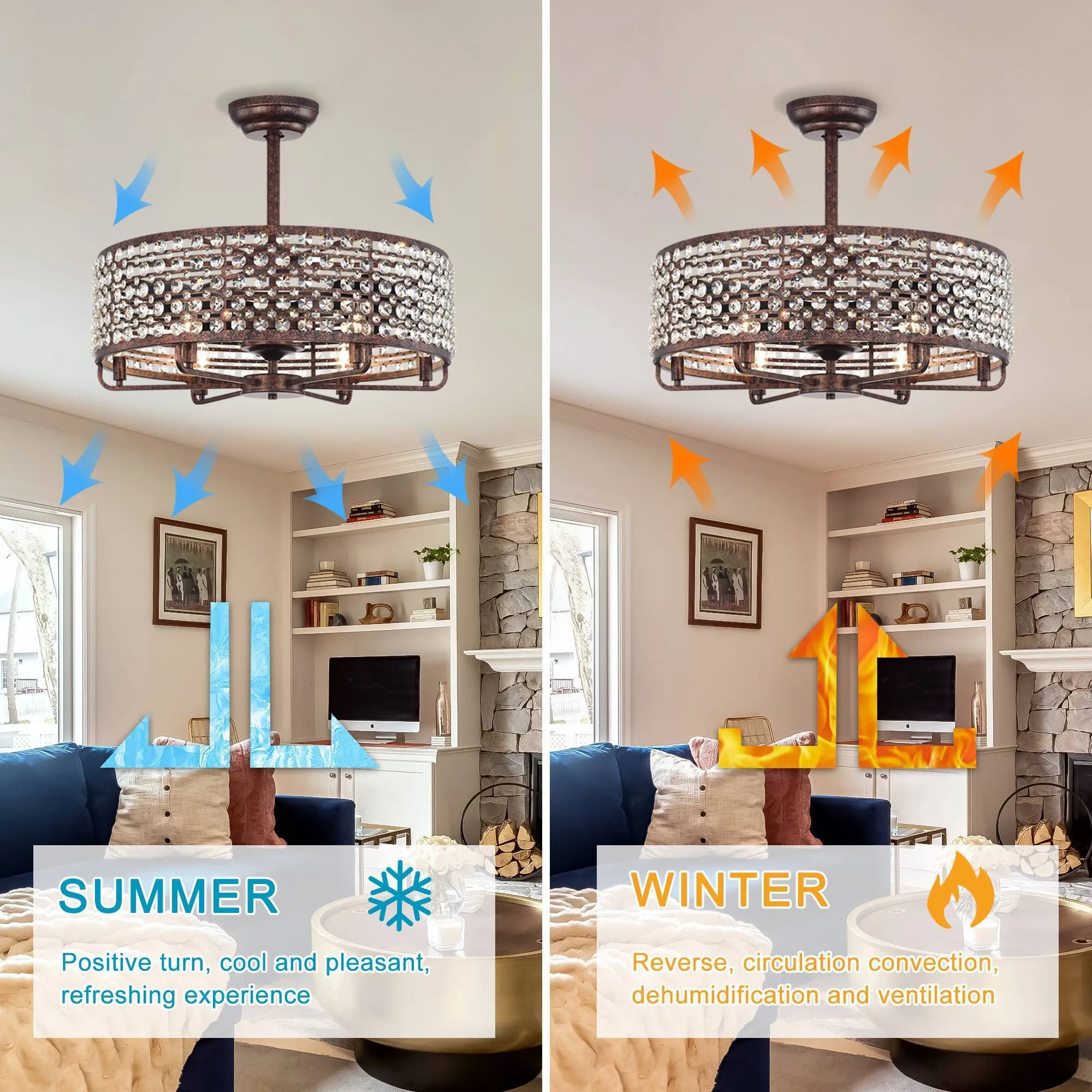 27" Crystal Chandelier Crystal Shade Ceiling Fan with Remote Control 6 Wind Speeds, 1H/2H/4H Timer