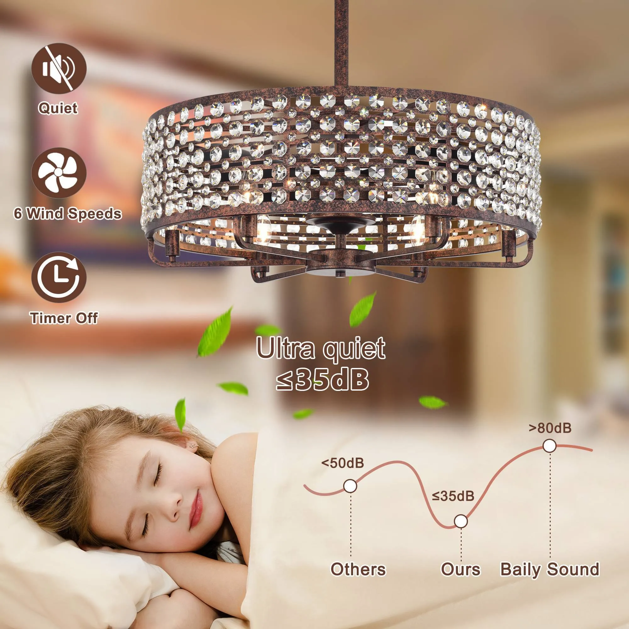 27" Crystal Chandelier Crystal Shade Ceiling Fan with Remote Control 6 Wind Speeds, 1H/2H/4H Timer