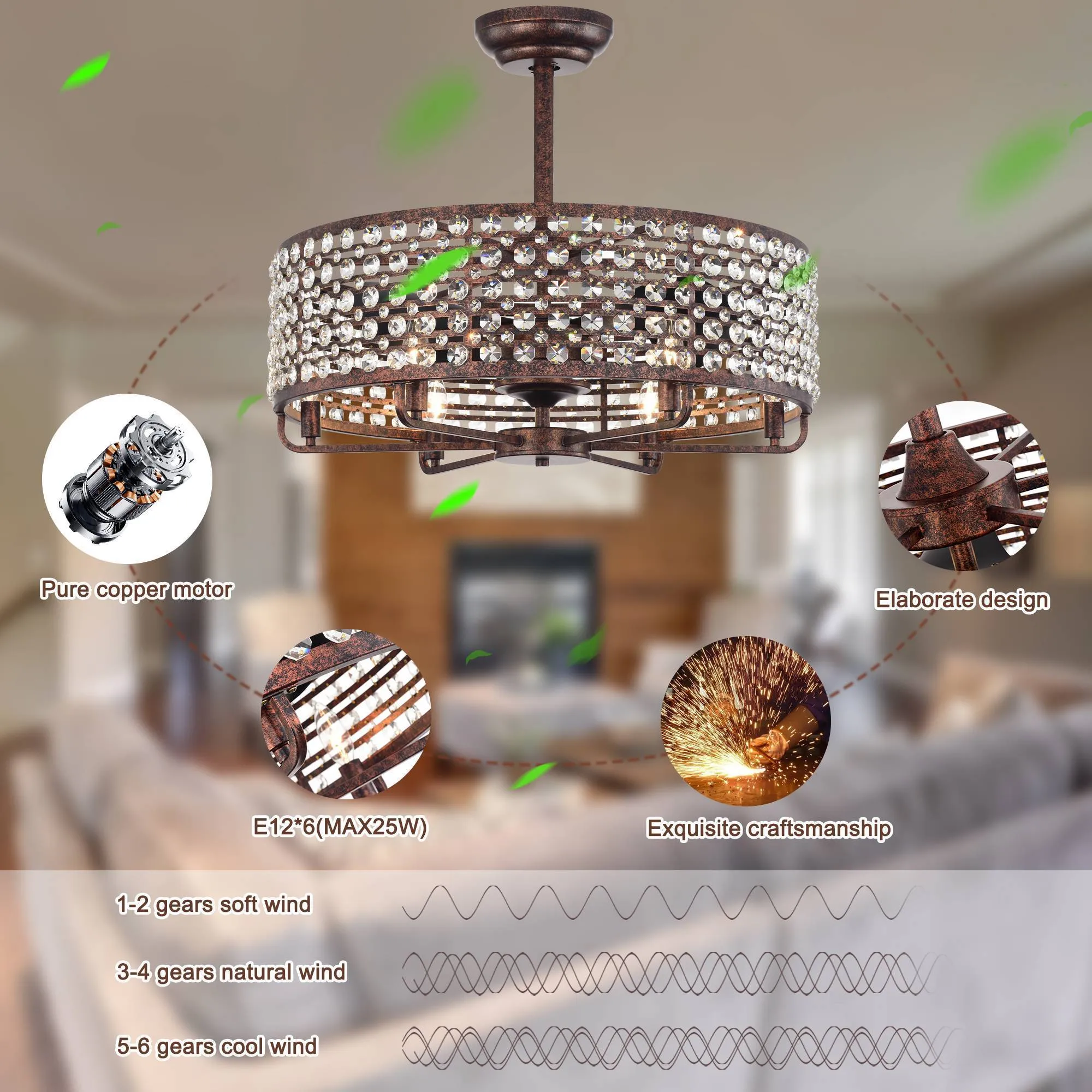 27" Crystal Chandelier Crystal Shade Ceiling Fan with Remote Control 6 Wind Speeds, 1H/2H/4H Timer