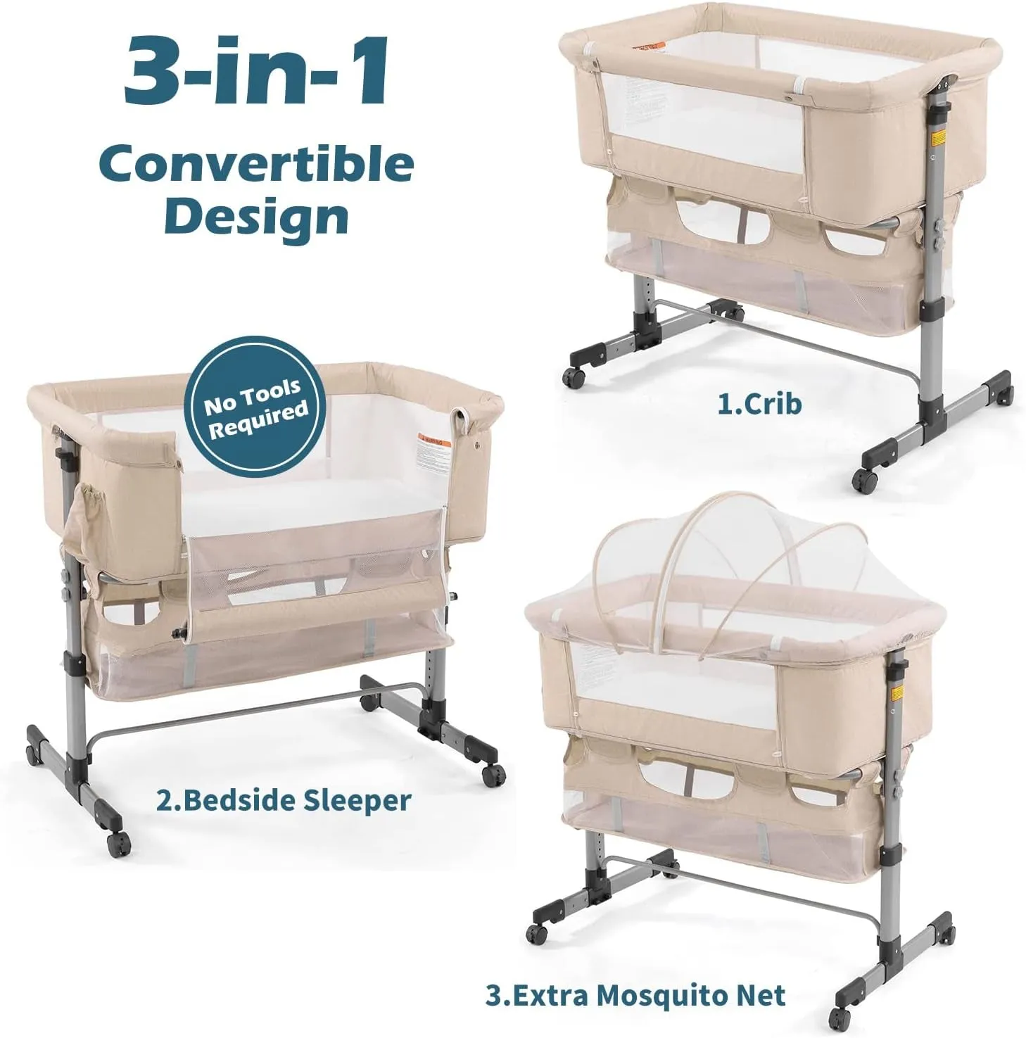 3In1 Bedside Crib for Girl or Boy, Bedside Sleeper for Baby Portable and Adjustable Crib with Mosquito Net for Newborn Baby,Deep Khaki