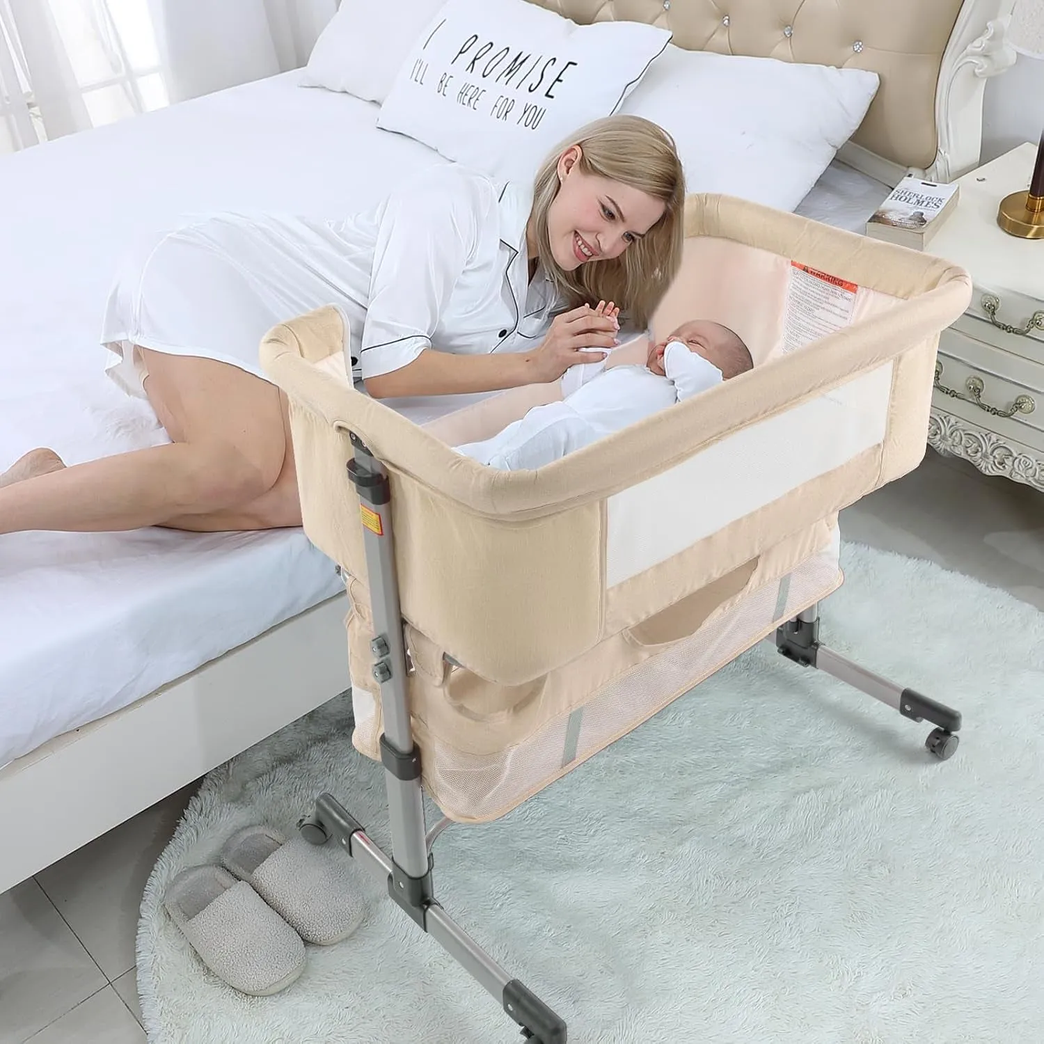 3In1 Bedside Crib for Girl or Boy, Bedside Sleeper for Baby Portable and Adjustable Crib with Mosquito Net for Newborn Baby,Deep Khaki