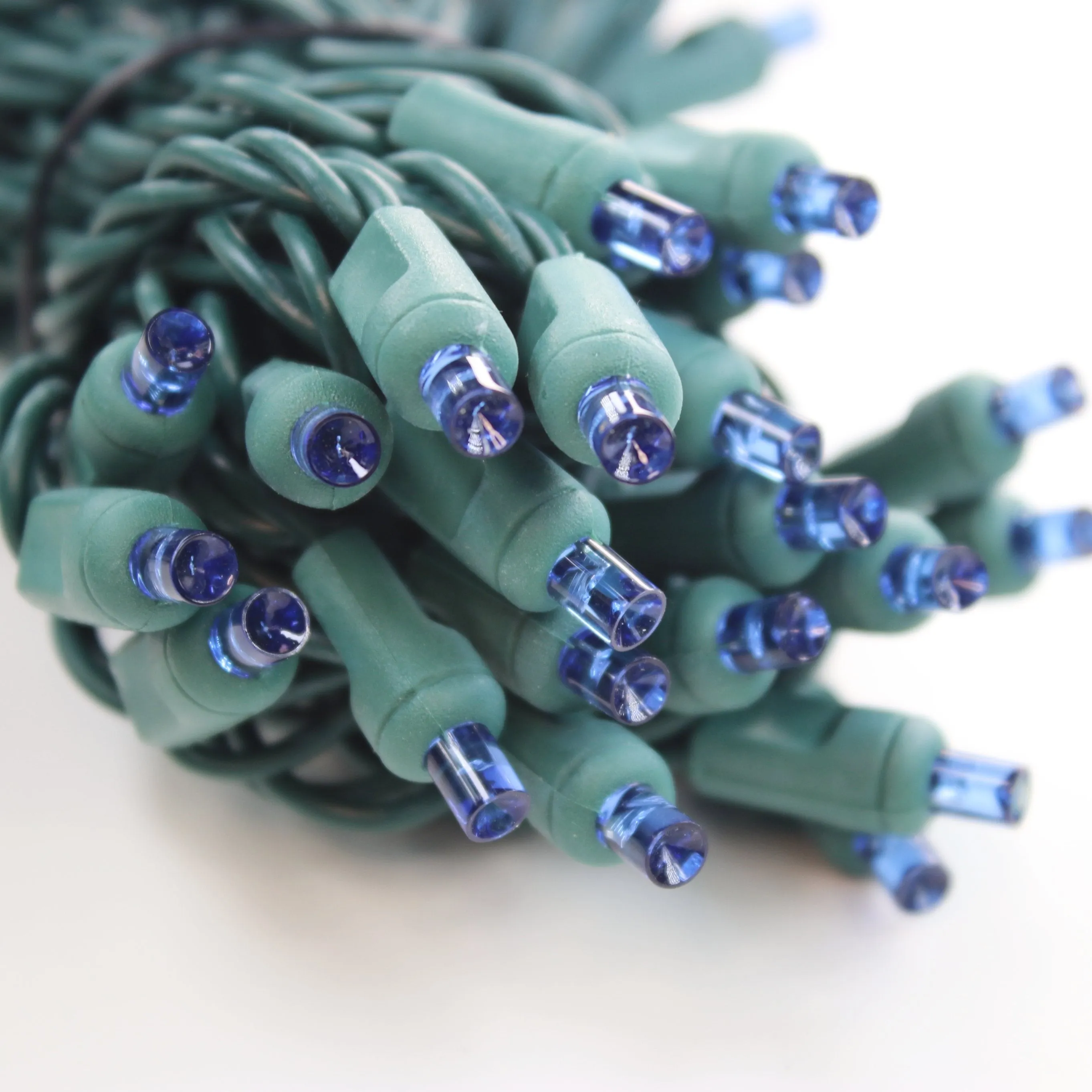 50-light  5mm Blue LED Christmas Lights, 4" Spacing, Green Wire