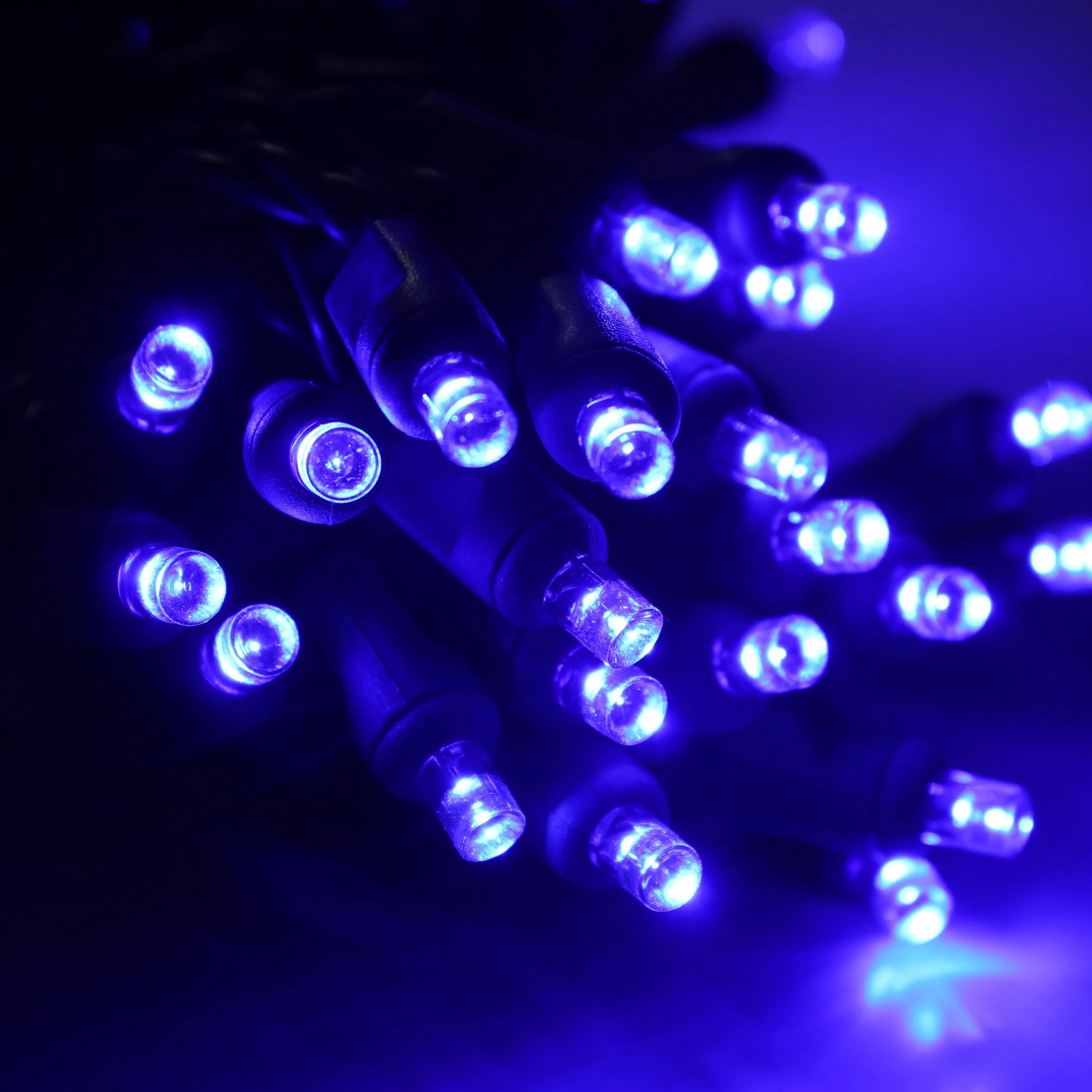 50-light  5mm Blue LED Christmas Lights, 4" Spacing, Green Wire