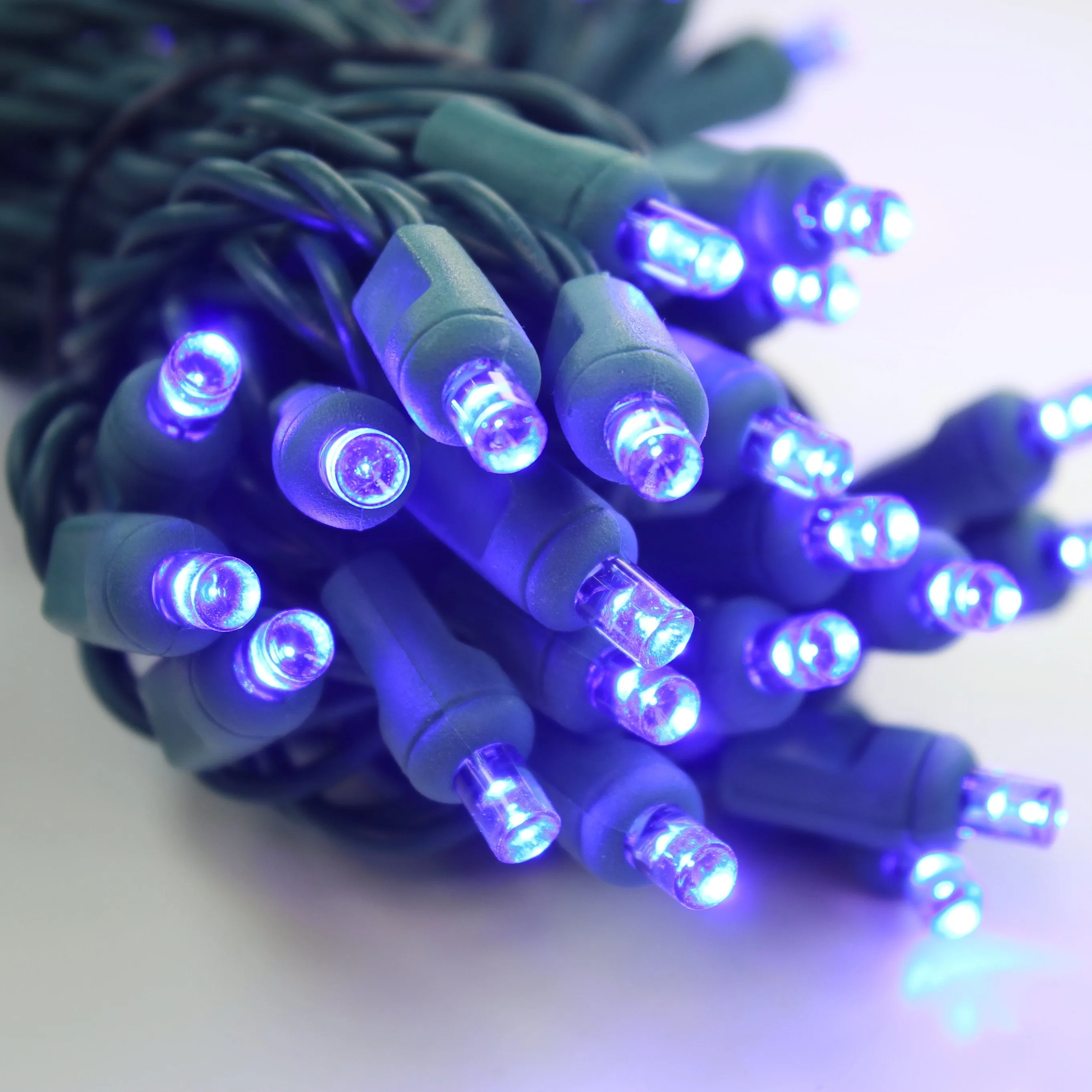 50-light  5mm Blue LED Christmas Lights, 4" Spacing, Green Wire