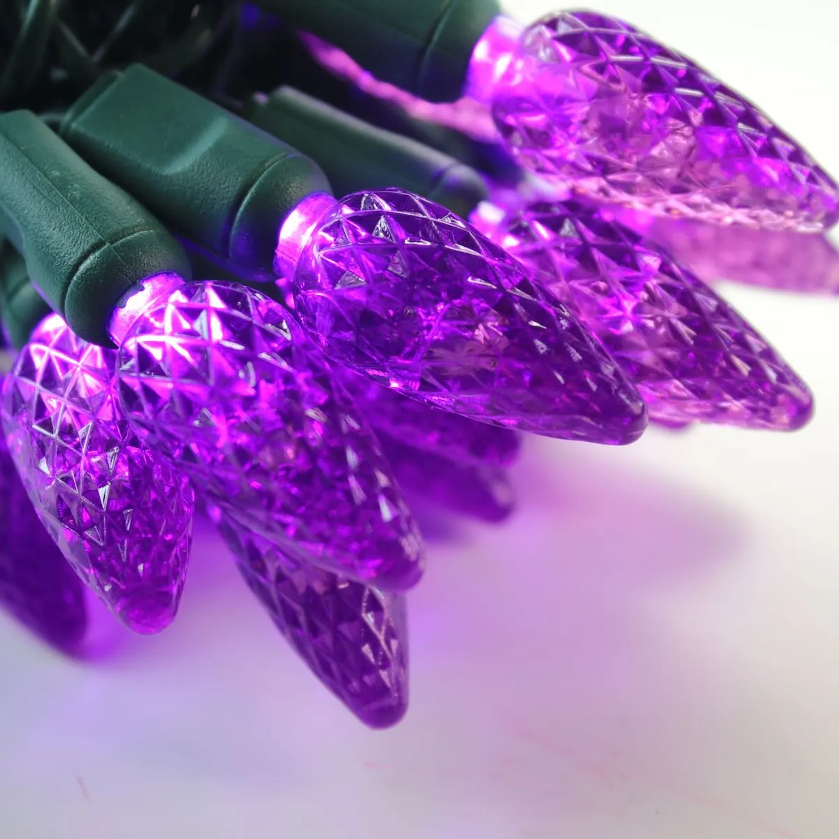 50-light  C6 Purple LED Christmas Lights, 4" Spacing Green Wire