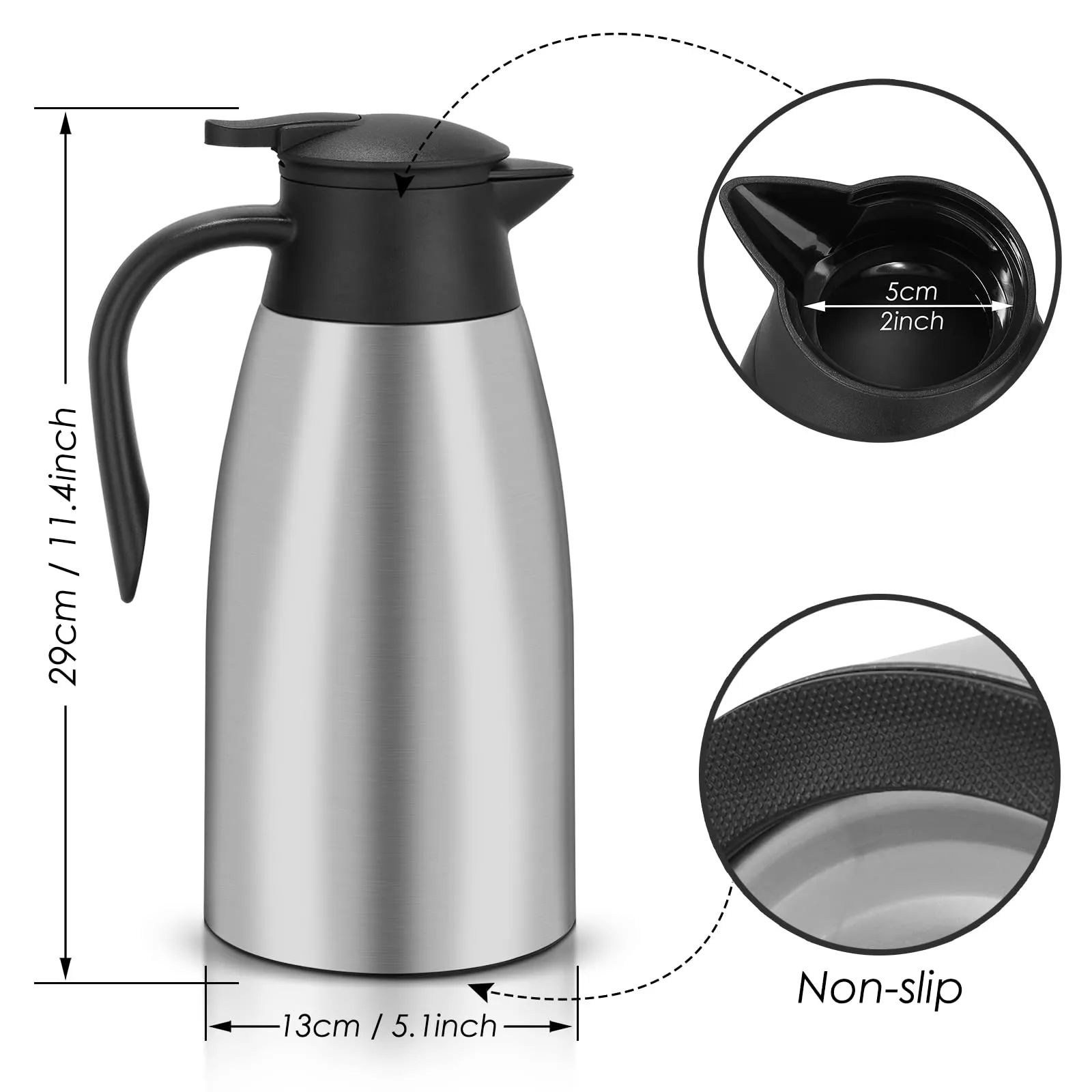 68 Oz Thermal Coffee Carafe, Double Wall Stainless Steel Insulated Coffee Carafes For Keeping Hot, Heat & Cold Retention, 2 Liter Thermal Coffee Tea Beverage Dispenser (Silver)