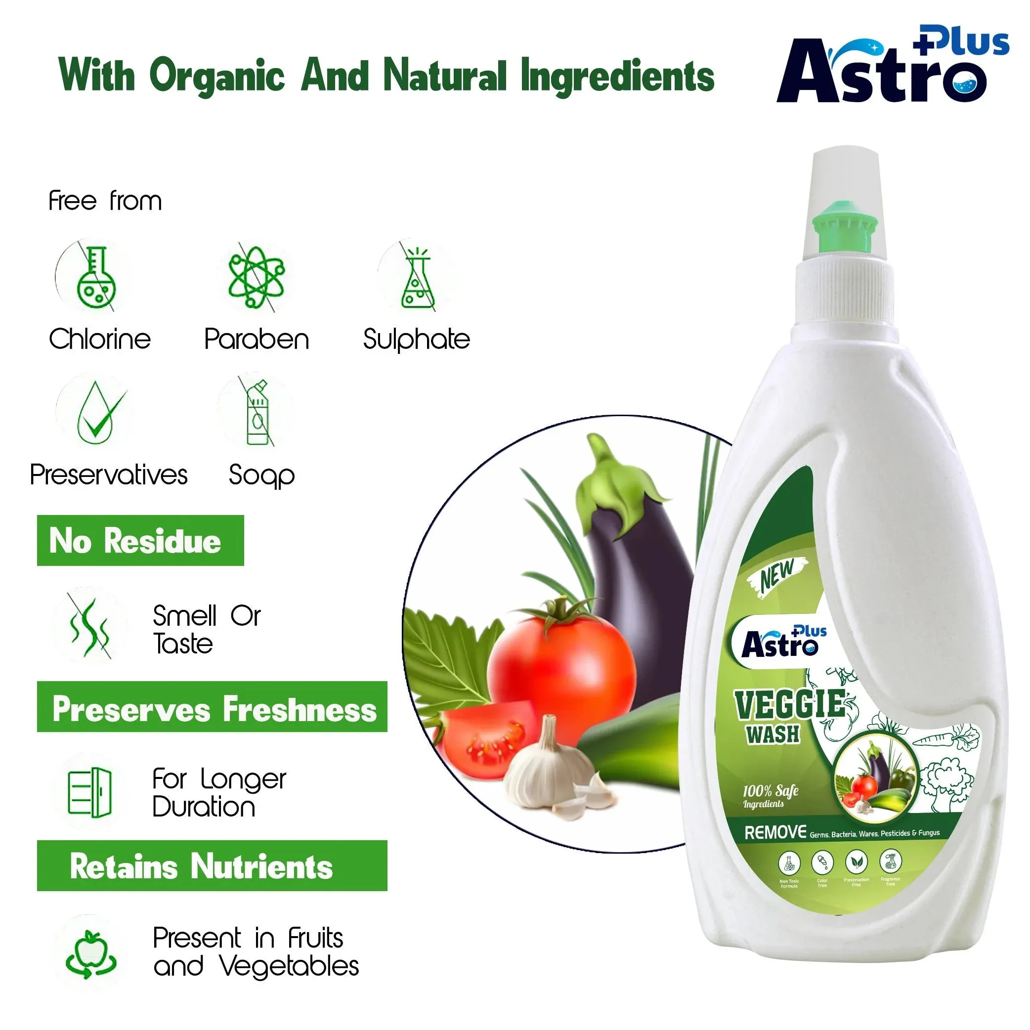 ASTRO PLUS Veggie Wash Clean Fruits & Vegetables Natural Action, Removes Pesticides Germs Safe to use on Veggies and Fruits Washing Liquid (500 ml)