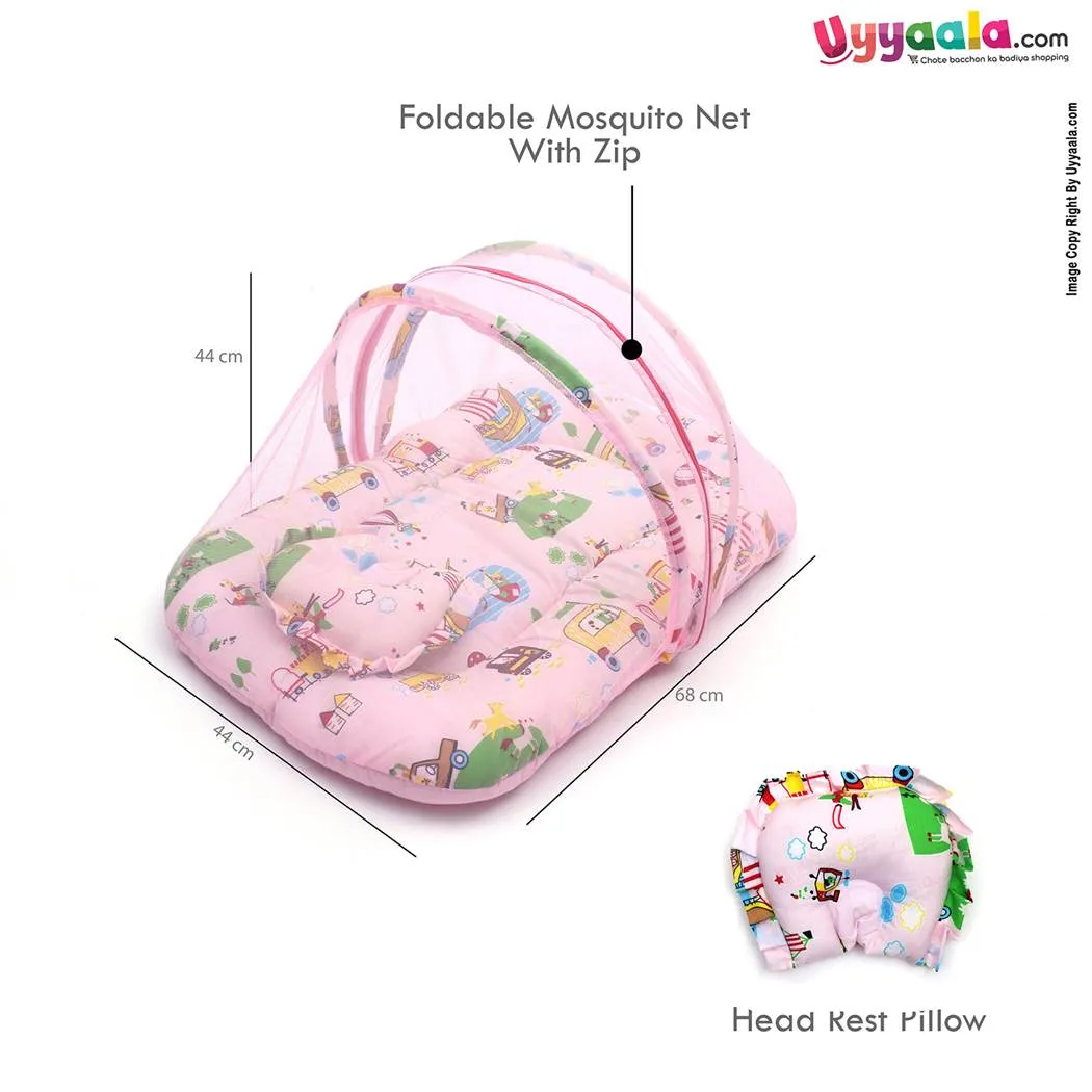 Baby Bedding Set with Mosquito Protection Net & Pillow Cotton, Car Print 0 to 12m Age, Pink