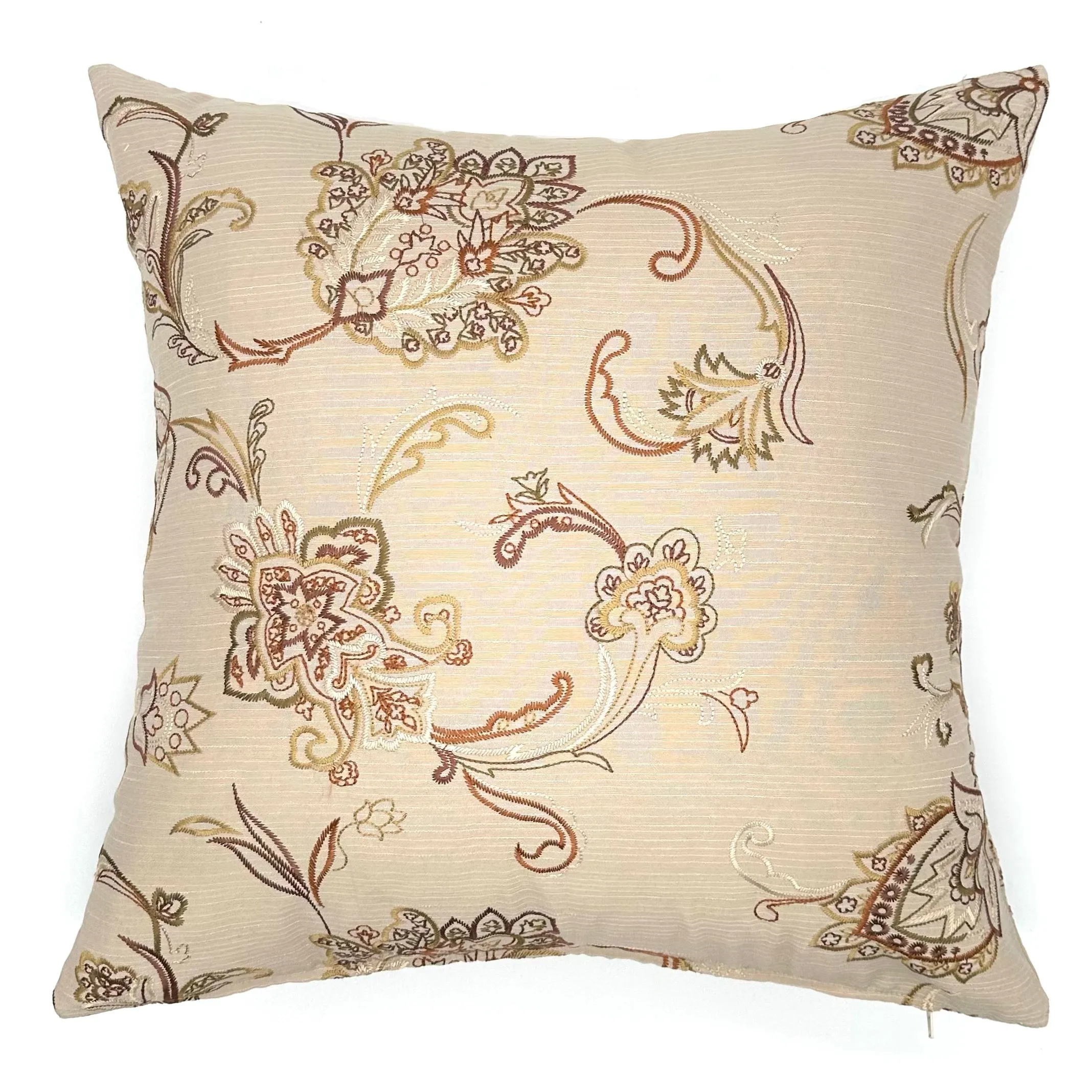 Beige Boho Floral Embroidered Throw Pillow Cover 20x20