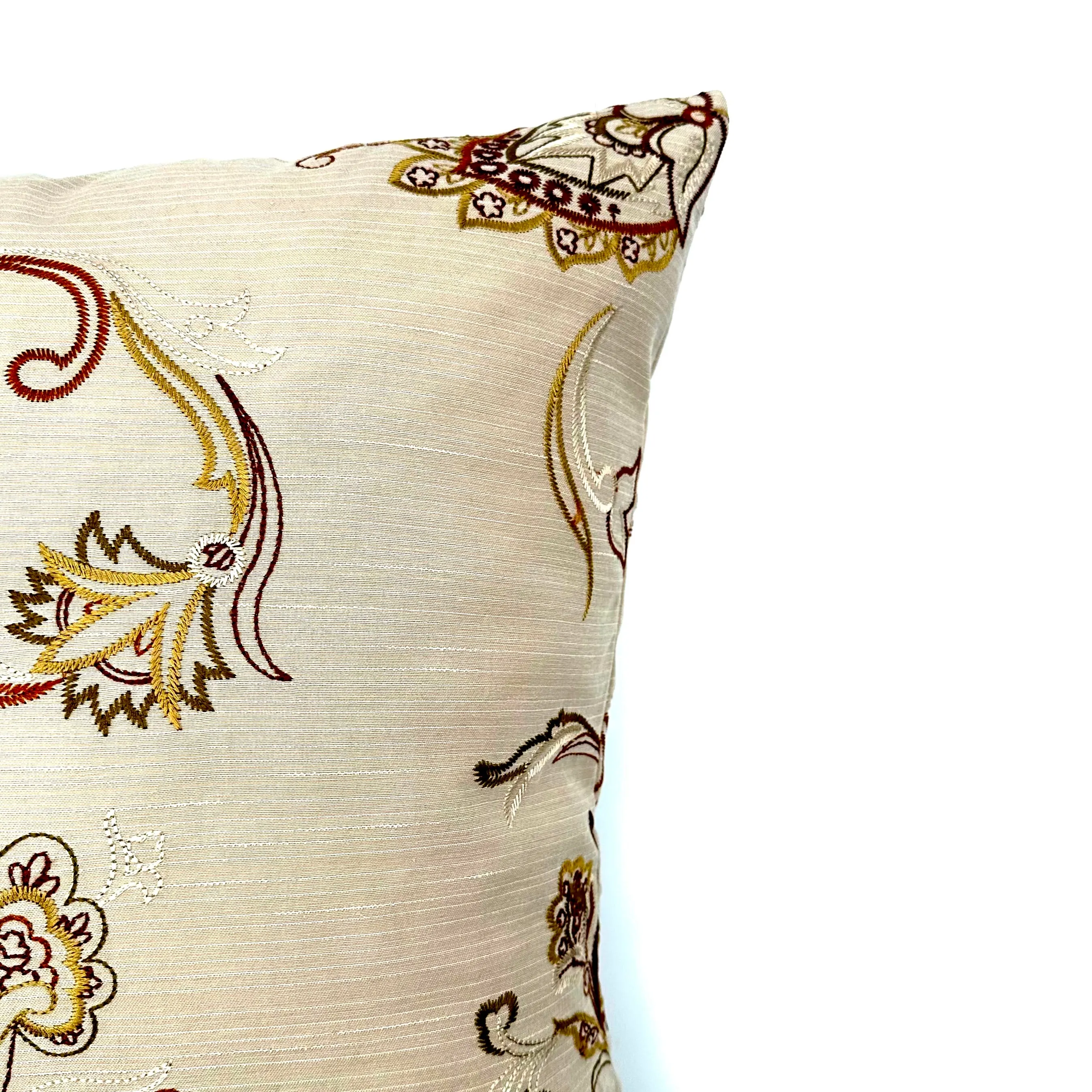 Beige Boho Floral Embroidered Throw Pillow Cover 20x20