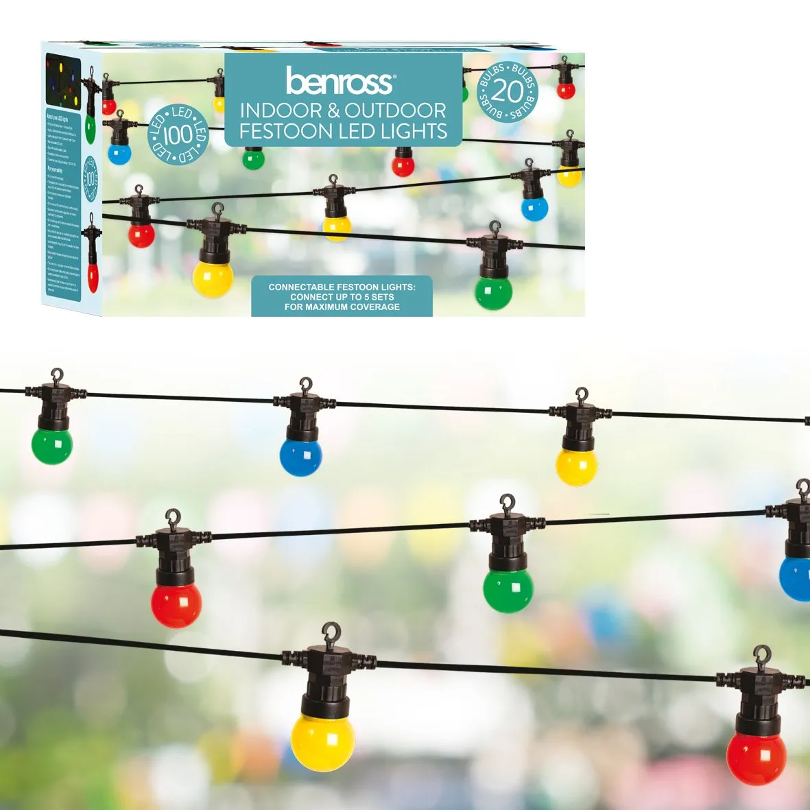 Benross 73390 20 Retro Style LED Festoon String Lights Connectable Indoor Outdoor Multi-Coloured 5m