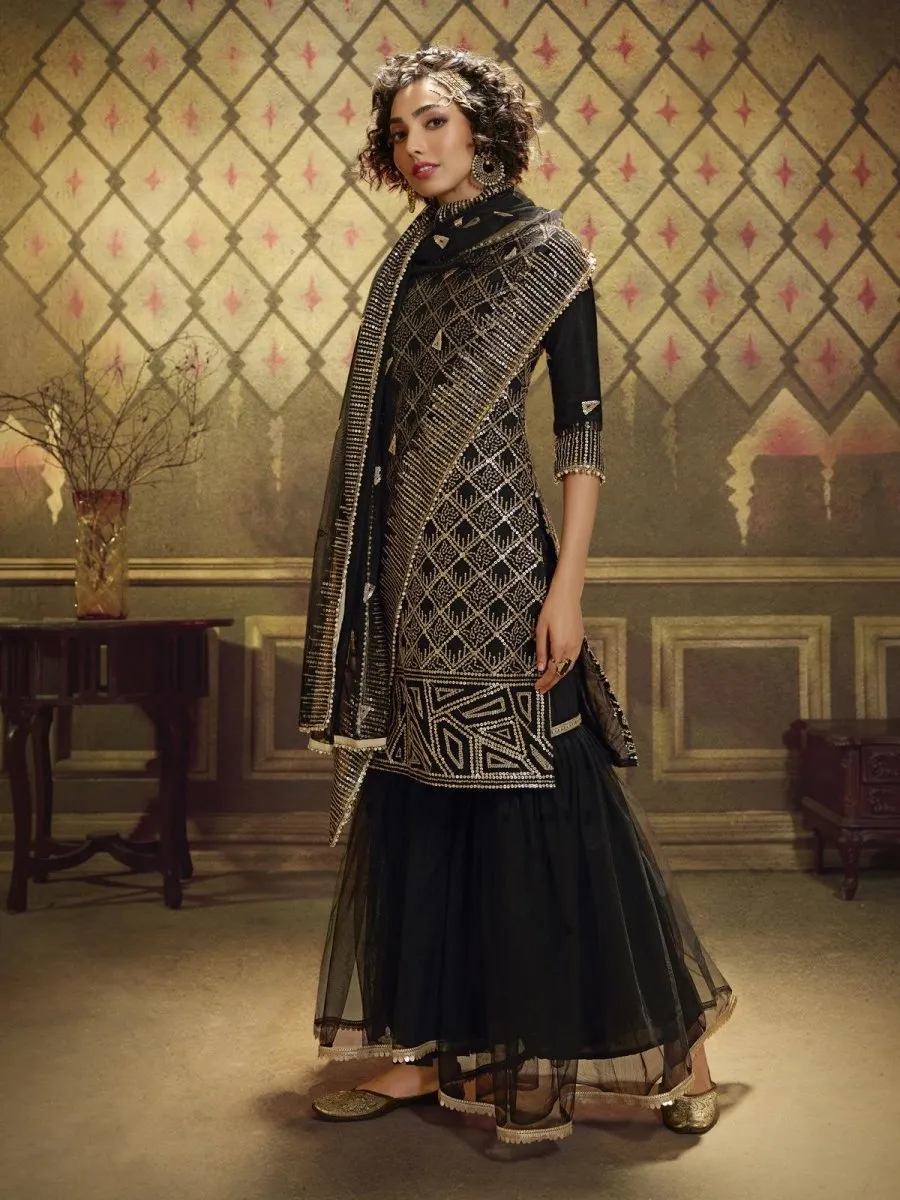 Black Net Embroidered Partywear Sharara Suit