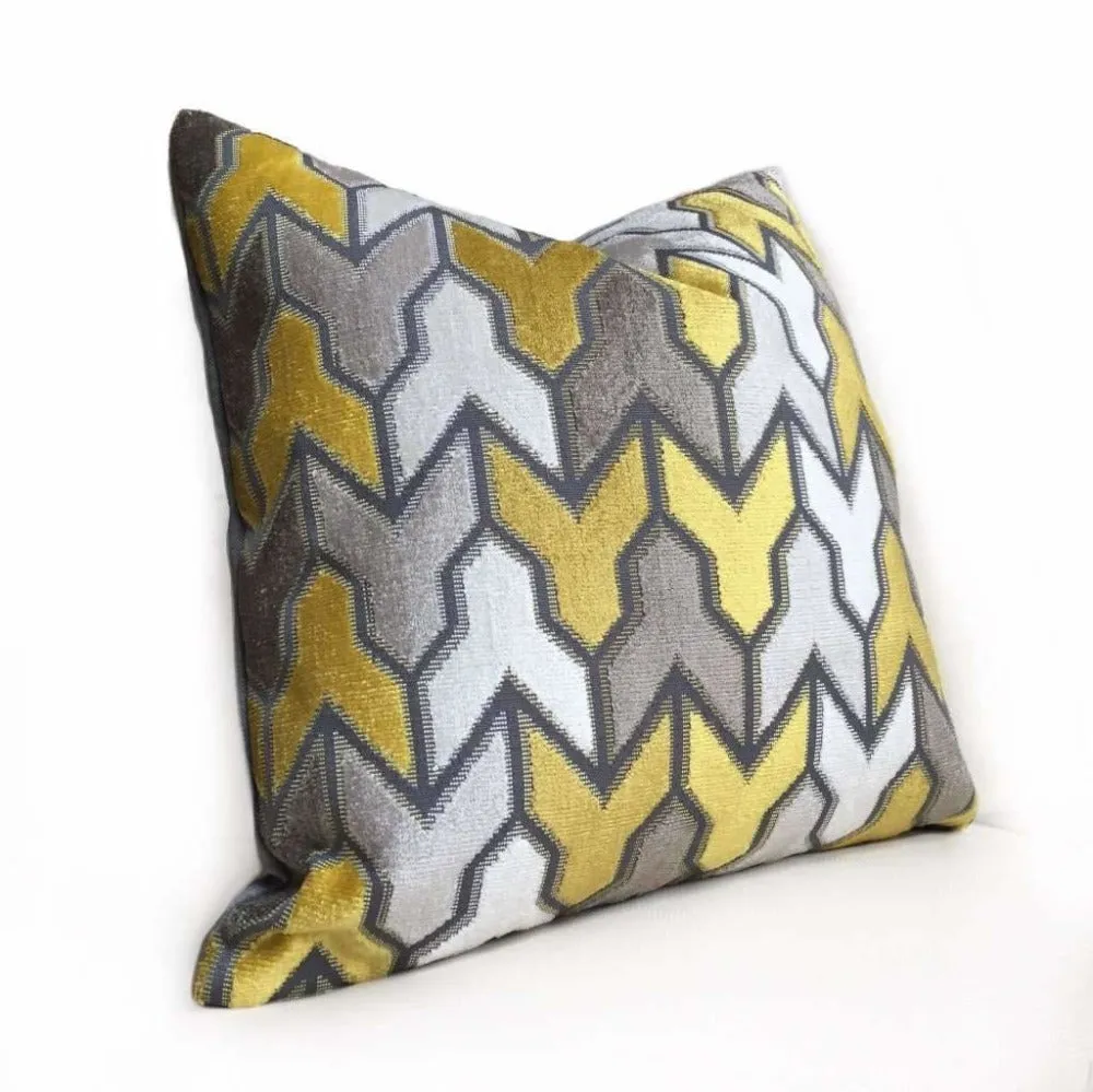 Brookhaven Arrow Geometric Velvet Mustard Yellow Gray Cream Pillow Cover