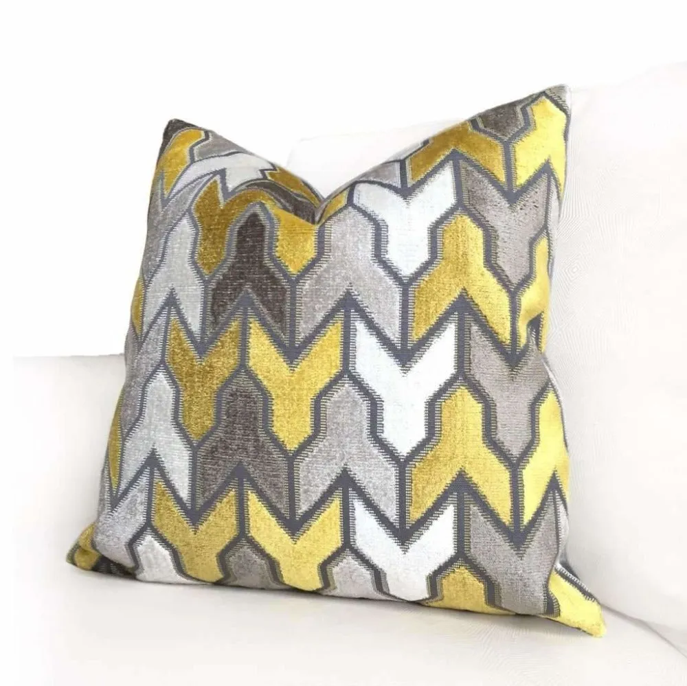 Brookhaven Arrow Geometric Velvet Mustard Yellow Gray Cream Pillow Cover