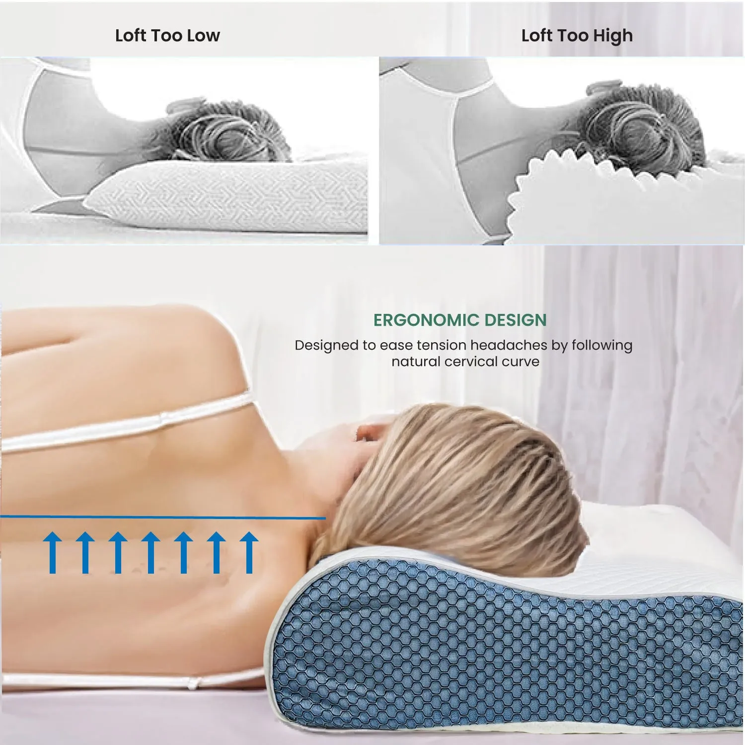 Cervical Support Memory Foam Mesh Pillow for Neck and Shoulder Pain Relief L60xW35xH9-11 CM