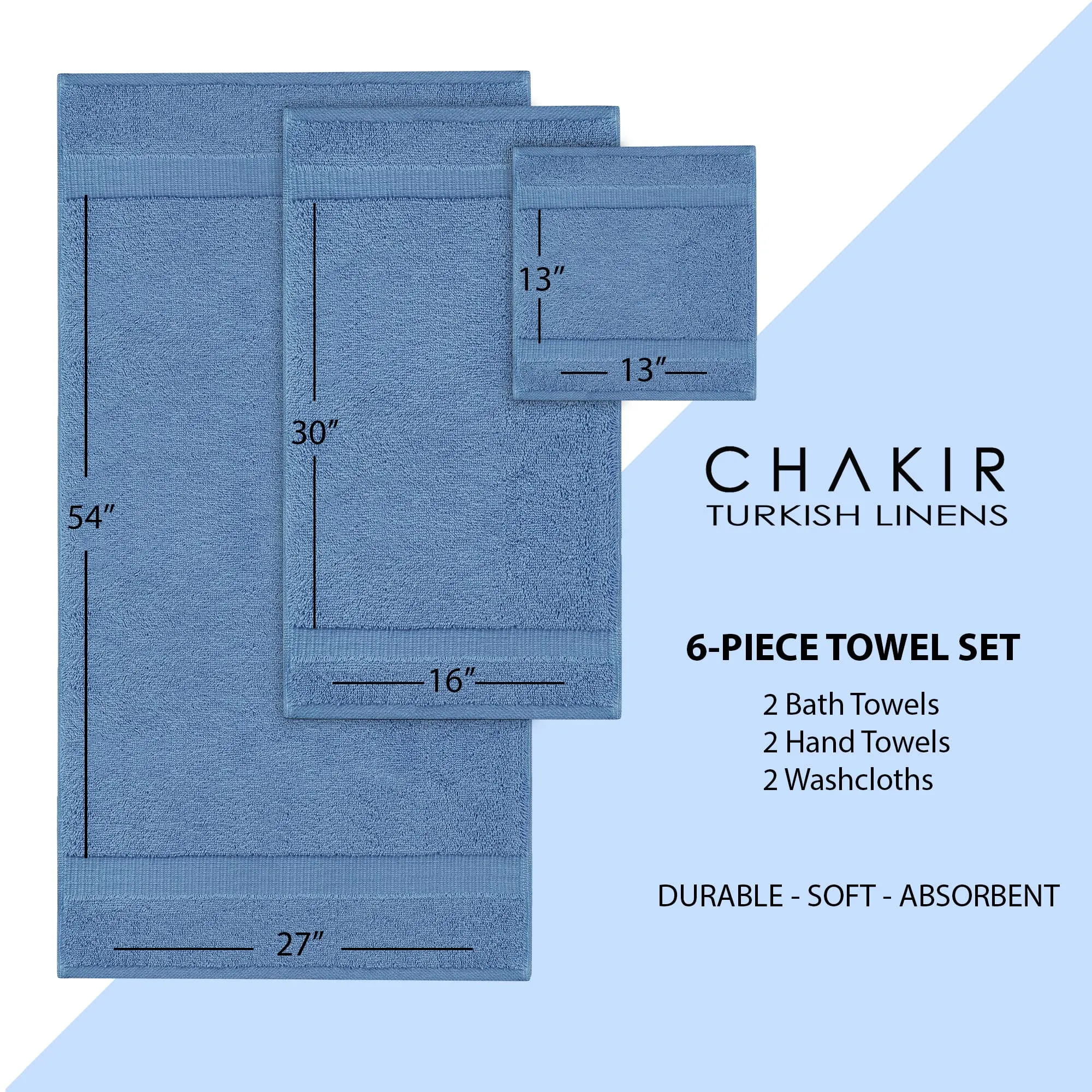 Chakir Turkish Linens Luxury Spa and Hotel Quality Premium Turkish Cotton 6-Piece Towel Set (2 x Bath Towels, 2 x Hand Towels, 2 x Washcloths)