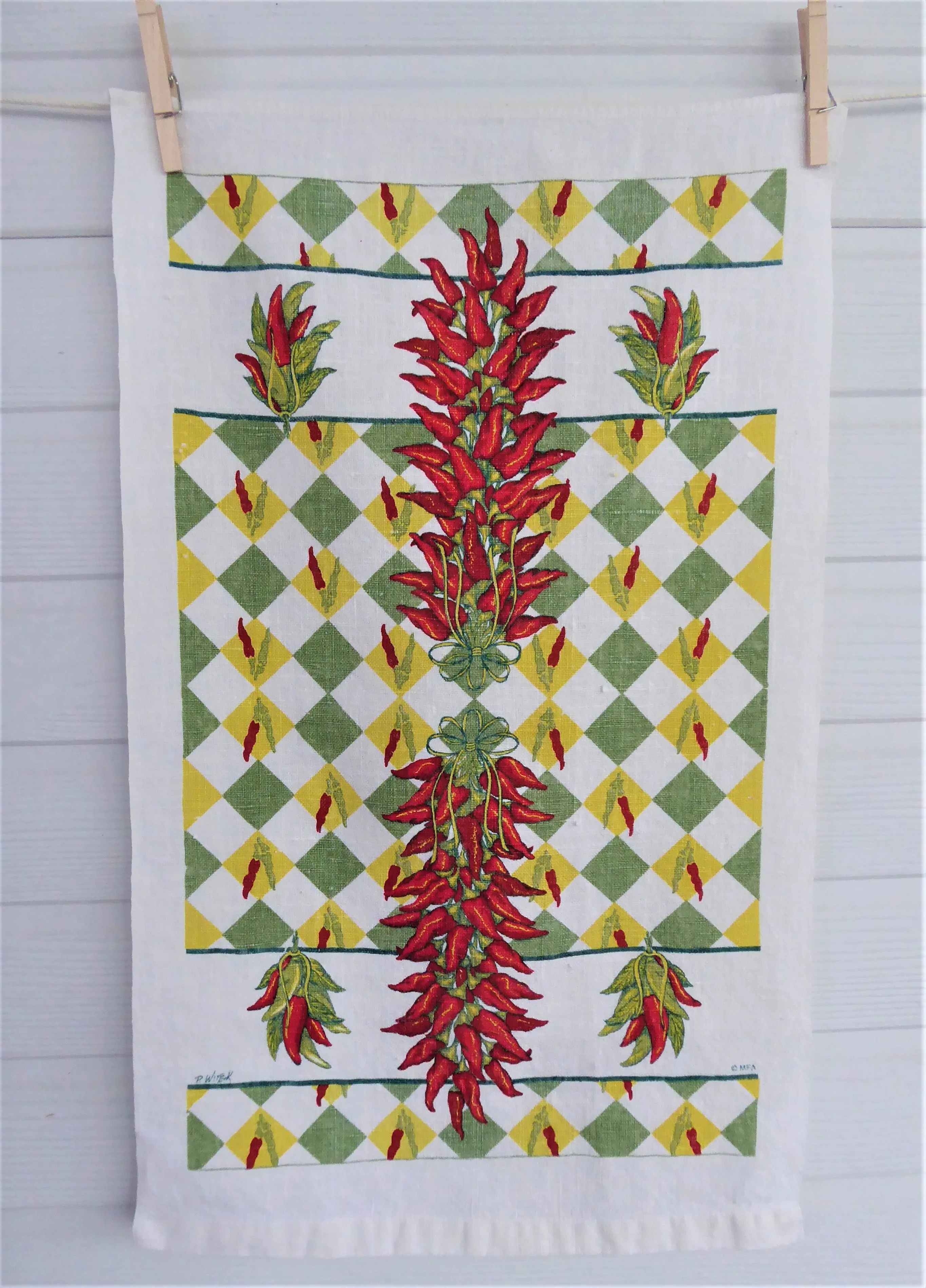 Chili Peppers Linen Tea Towel 1970s Dish Towel Culinary Kitchen Southwest MFA