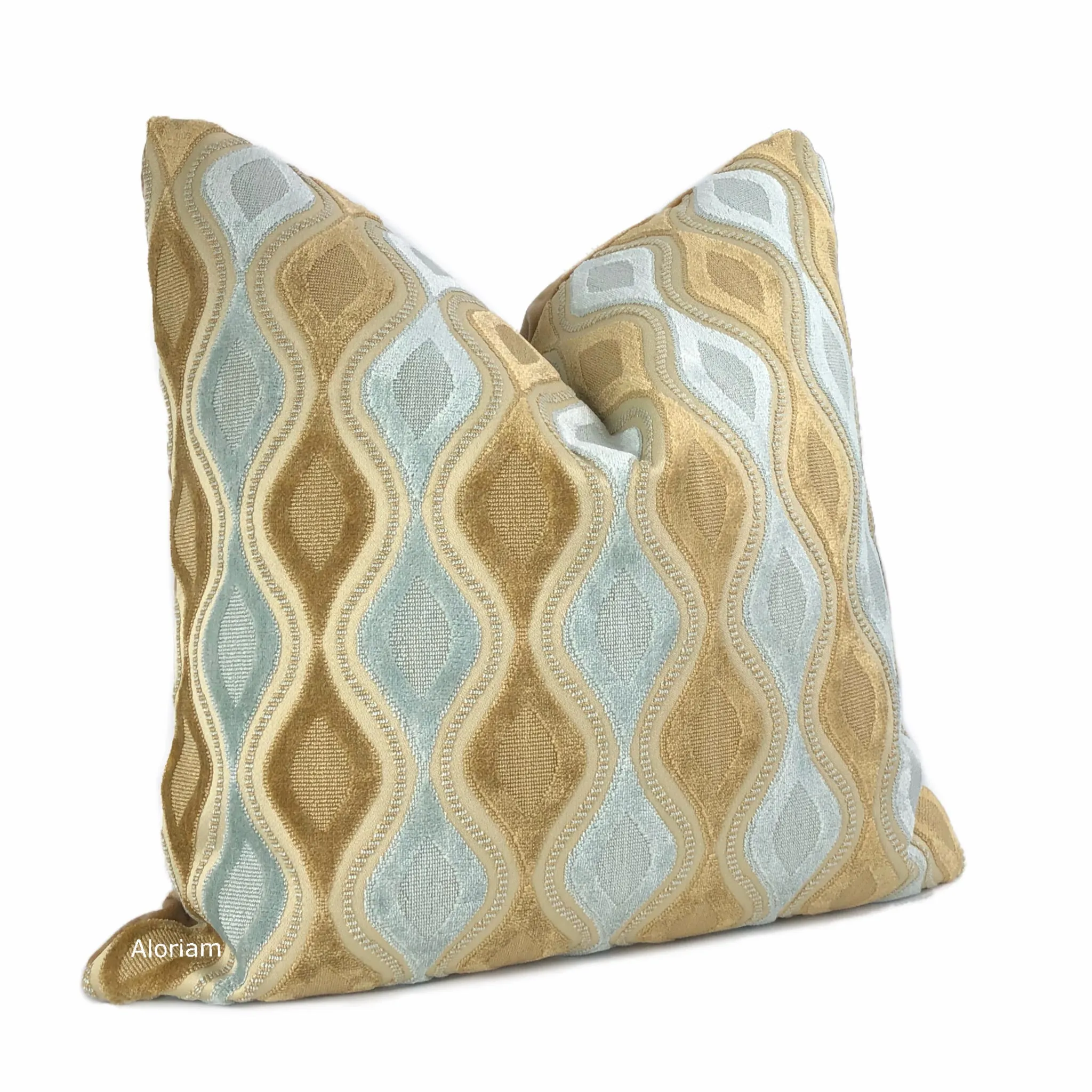 (CLEARANCE) Carleton Light Blue & Brown Wavy Velvet Stripe Pillow Cover