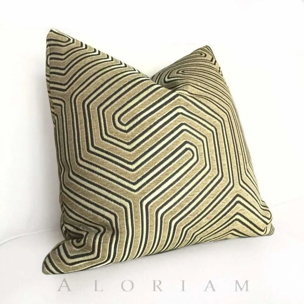 (CLEARANCE) Theta Camel Gold Geometric Maze Chenille Pillow Cover