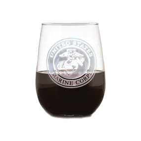 Deep Carved Marines Logo Stemless Wine Glass