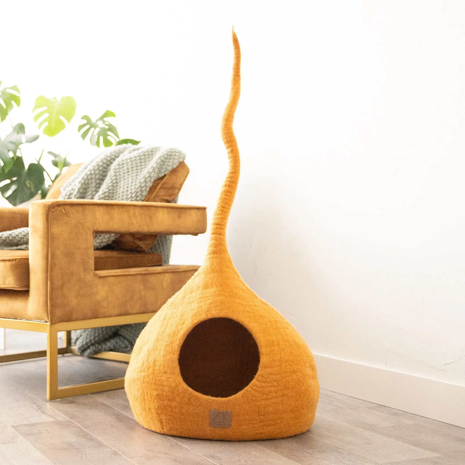 Deluxe Handcrafted Felt Cat Cave With Tail - Fire Orange