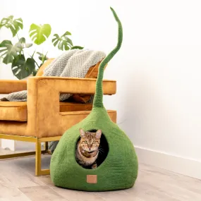 Deluxe Handcrafted Felt Cat Cave With Tail - Forest Green