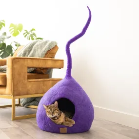 Deluxe Handcrafted Felt Cat Cave With Tail - Plum Purple