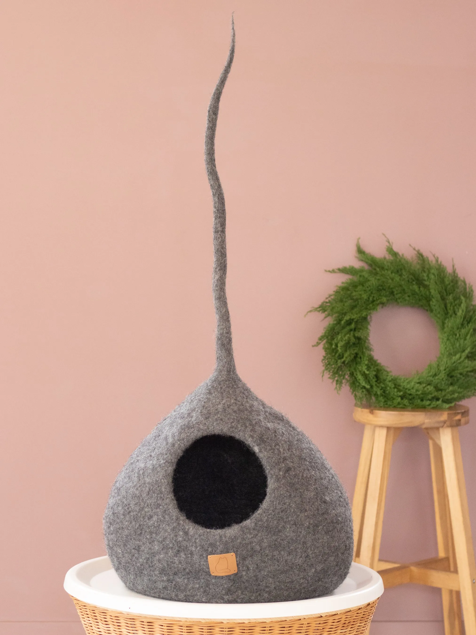 Deluxe Handcrafted Felt Cat Cave With Tail - Stone Gray