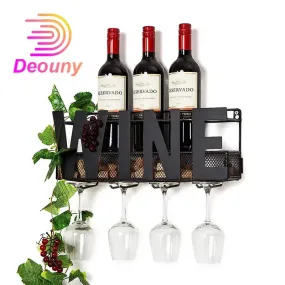 DEOUNY Wall Mounted Iron Wine Rack – Stylish Wine Bottle Holder with 4 Hooks