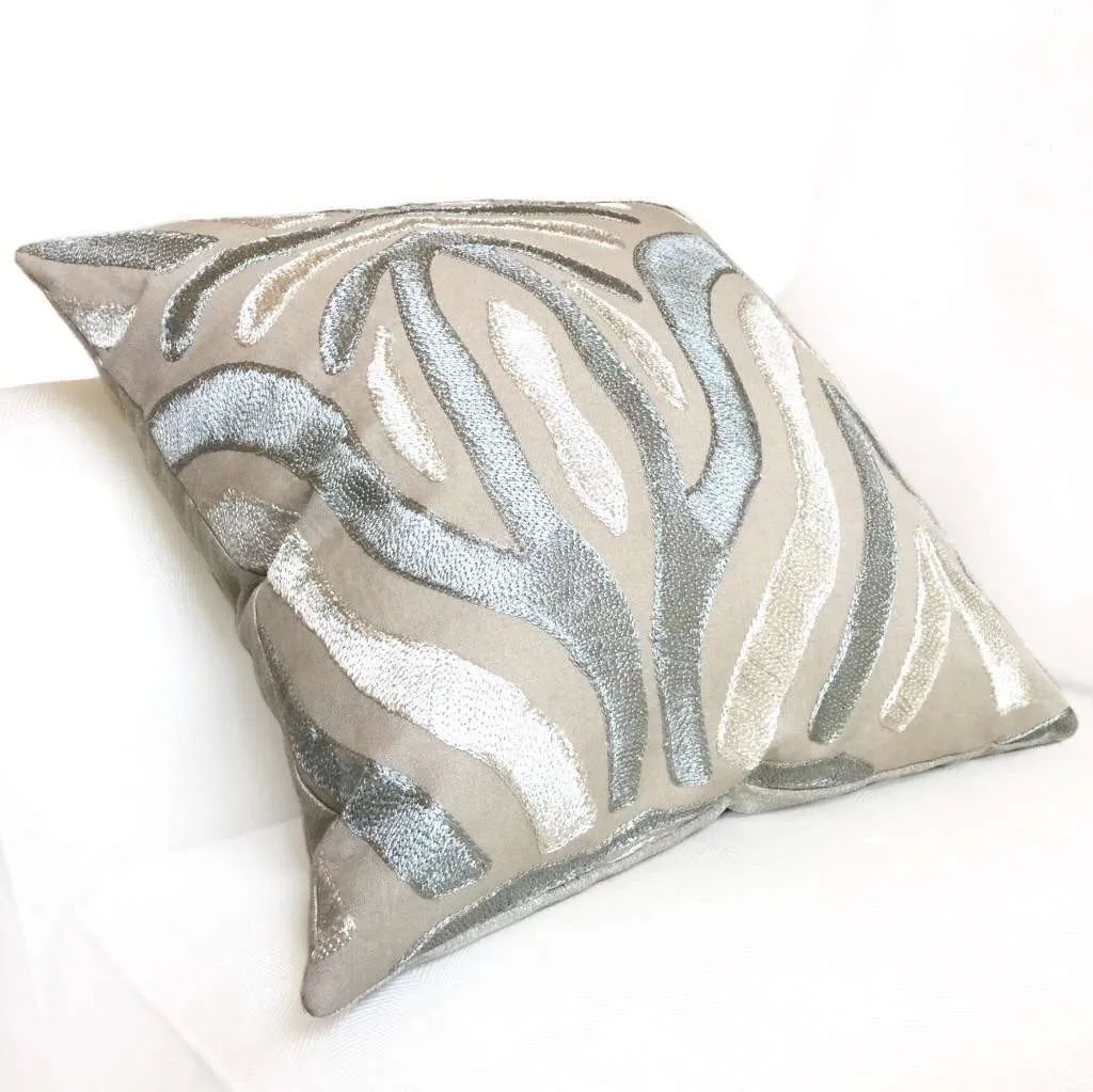 Designer Embroidered Ethnic Tribal Motif Silvery Beige Gray Tan Pillow Cover