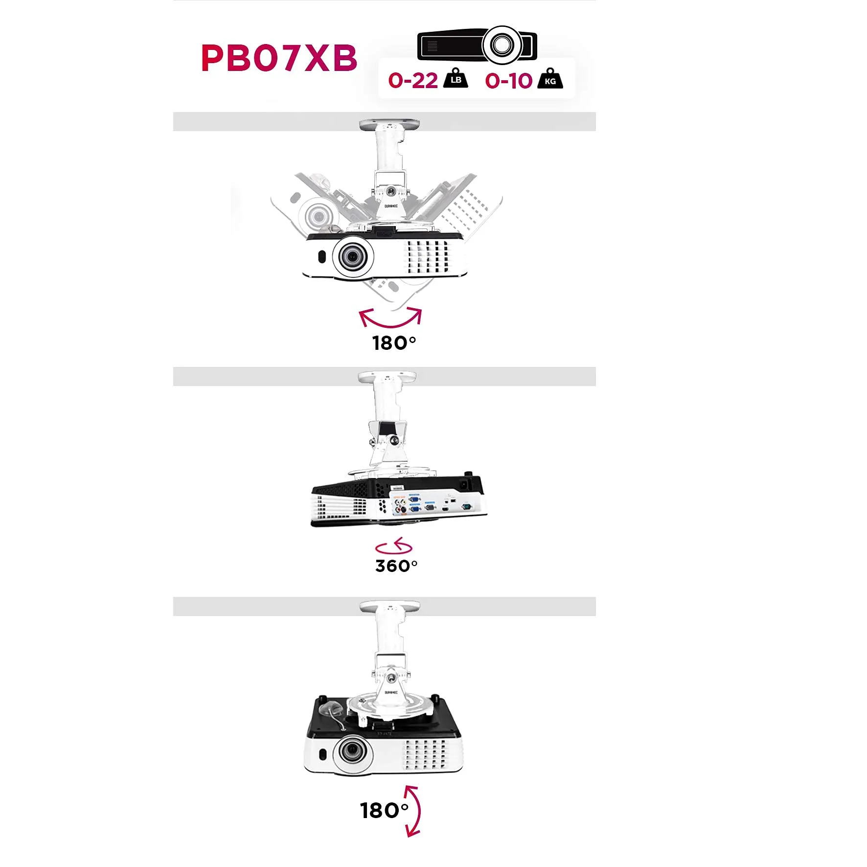 Duronic Projector Mount PB07XB | Bracket Fixing for Ceiling | 10kg Capacity | Universal | Heavy Duty | Fittings Included | Rotate 360 °, Swivel 180 °, Tilt 180° for Easy Projection Set-up