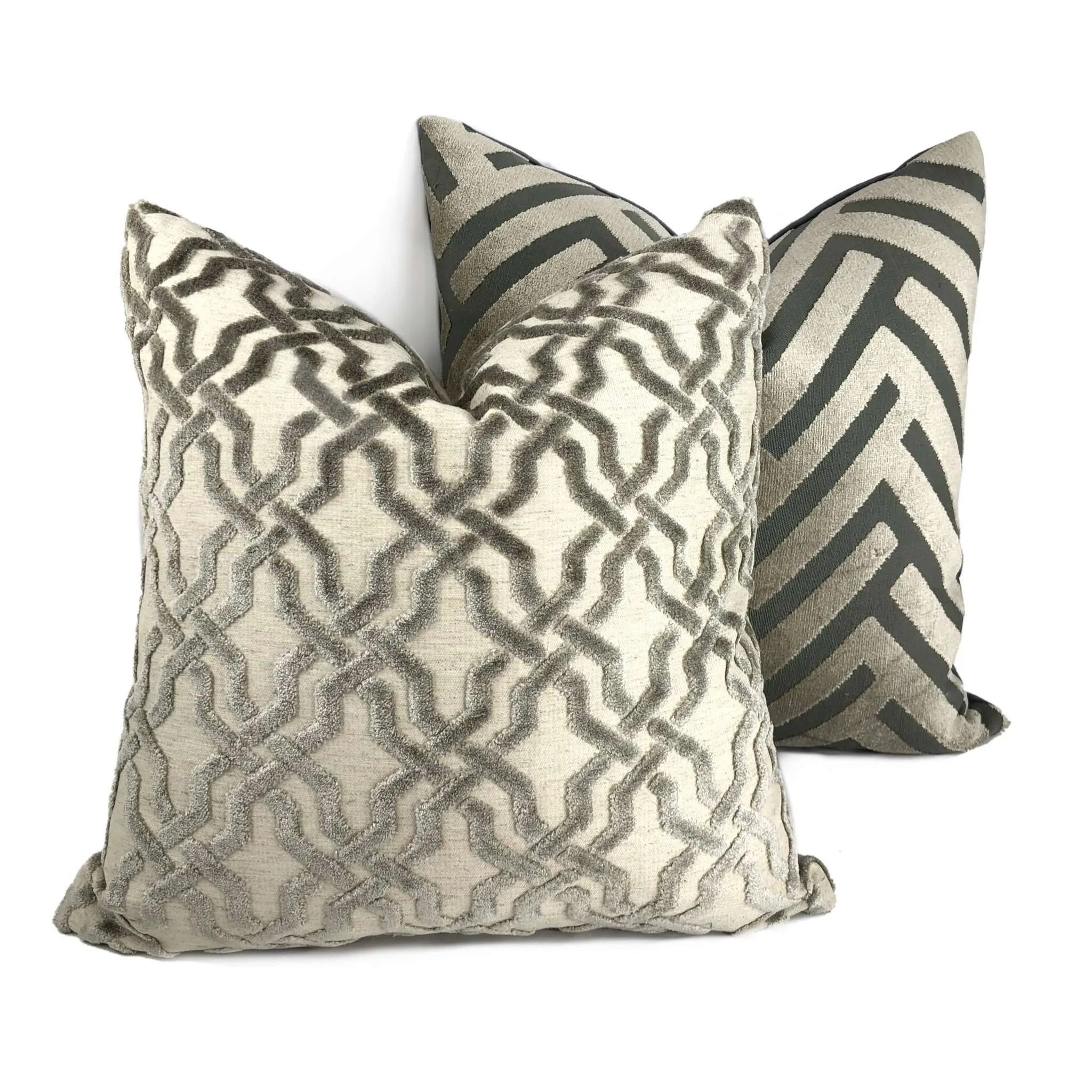 Euclid Taupe Gray Geometric Chevron Zig Zag Cut Velvet Texture Pillow Cover