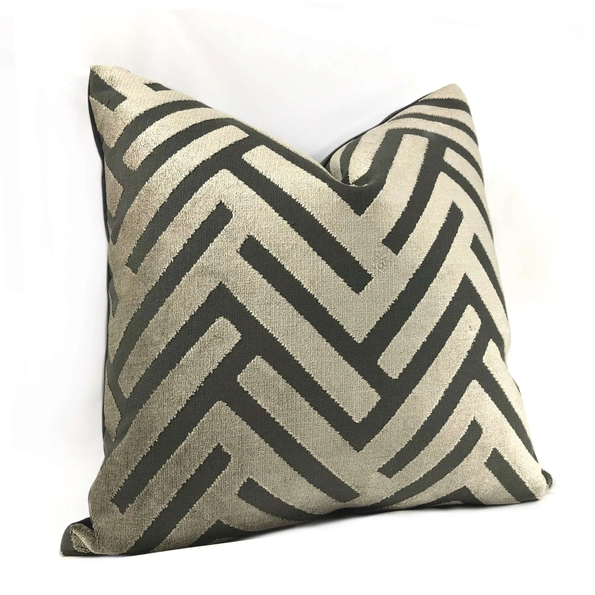 Euclid Taupe Gray Geometric Chevron Zig Zag Cut Velvet Texture Pillow Cover