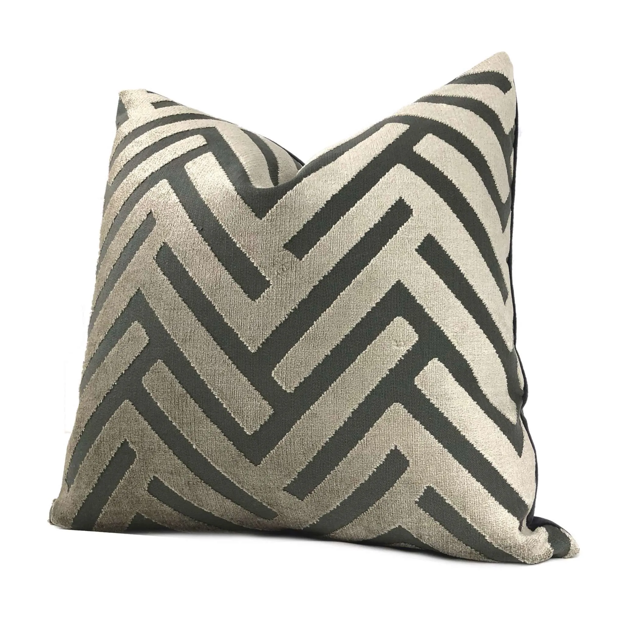 Euclid Taupe Gray Geometric Chevron Zig Zag Cut Velvet Texture Pillow Cover