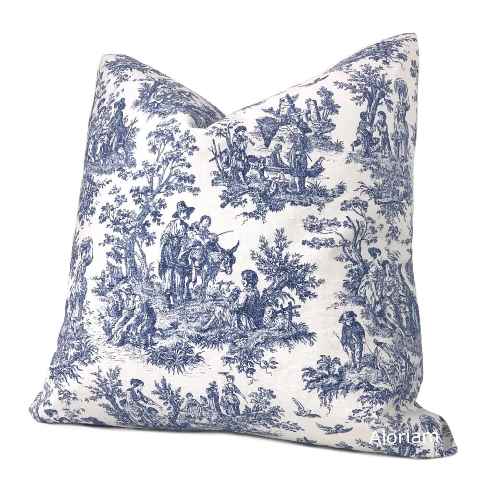 French Country Navy Blue White Toile Print Pillow Cover