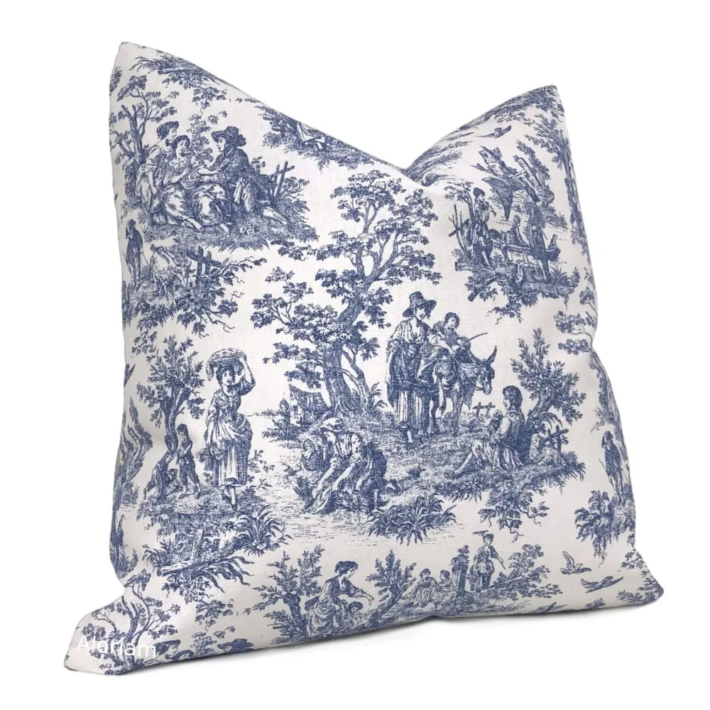 French Country Navy Blue White Toile Print Pillow Cover