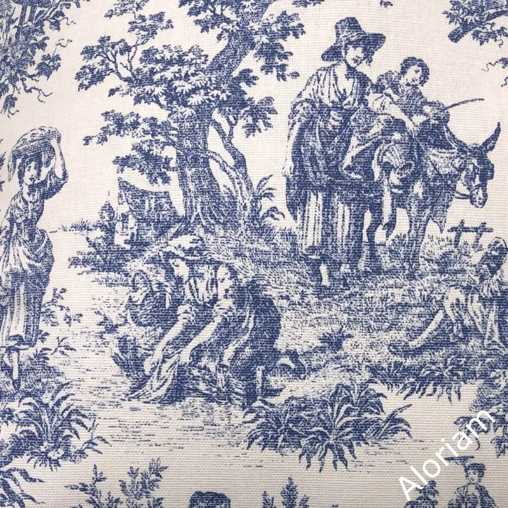 French Country Navy Blue White Toile Print Pillow Cover