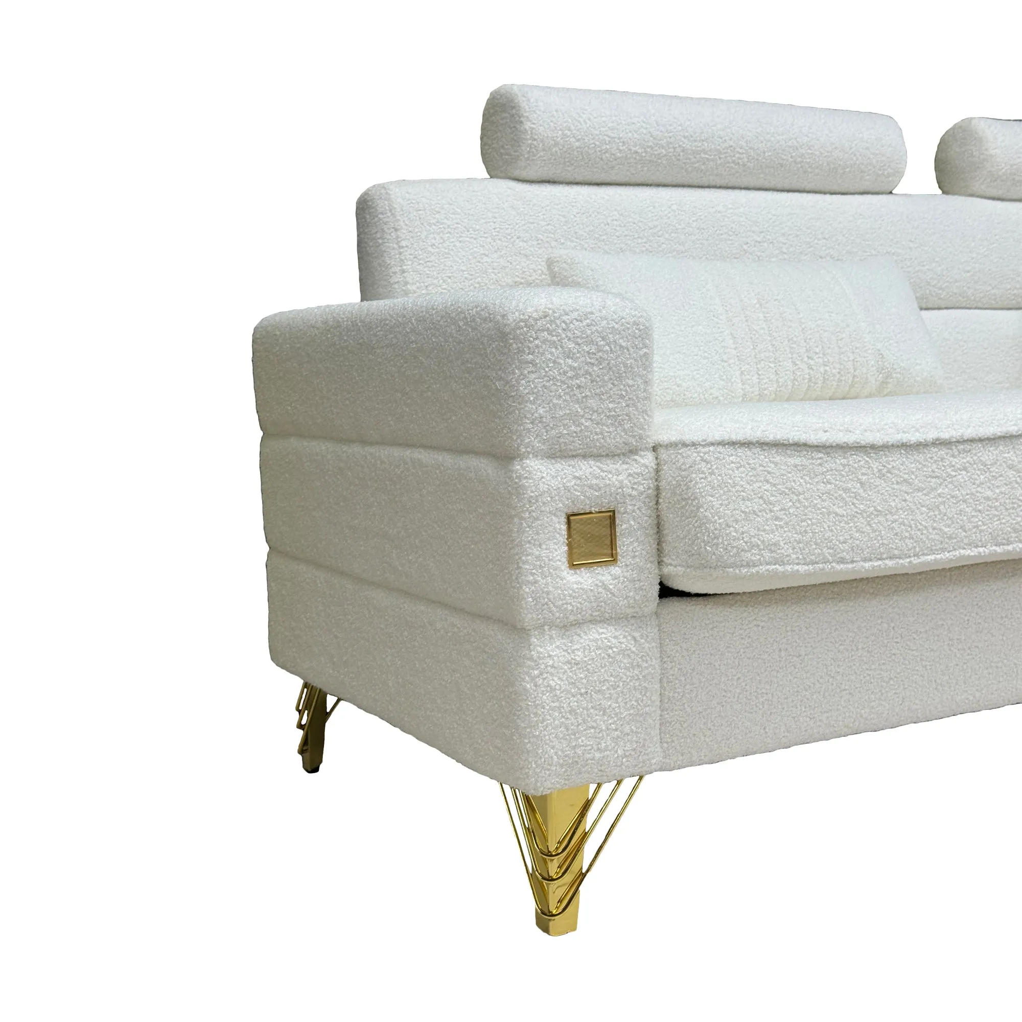 FX-P15-WB(sofa)  Elegant White Imitation wool circle fabric Sofa with Adjustable Headrests - Contemporary 3-Seat Couch with Gold Legs, Perfect for Living Room and Office Decor(TEMU Suitable)