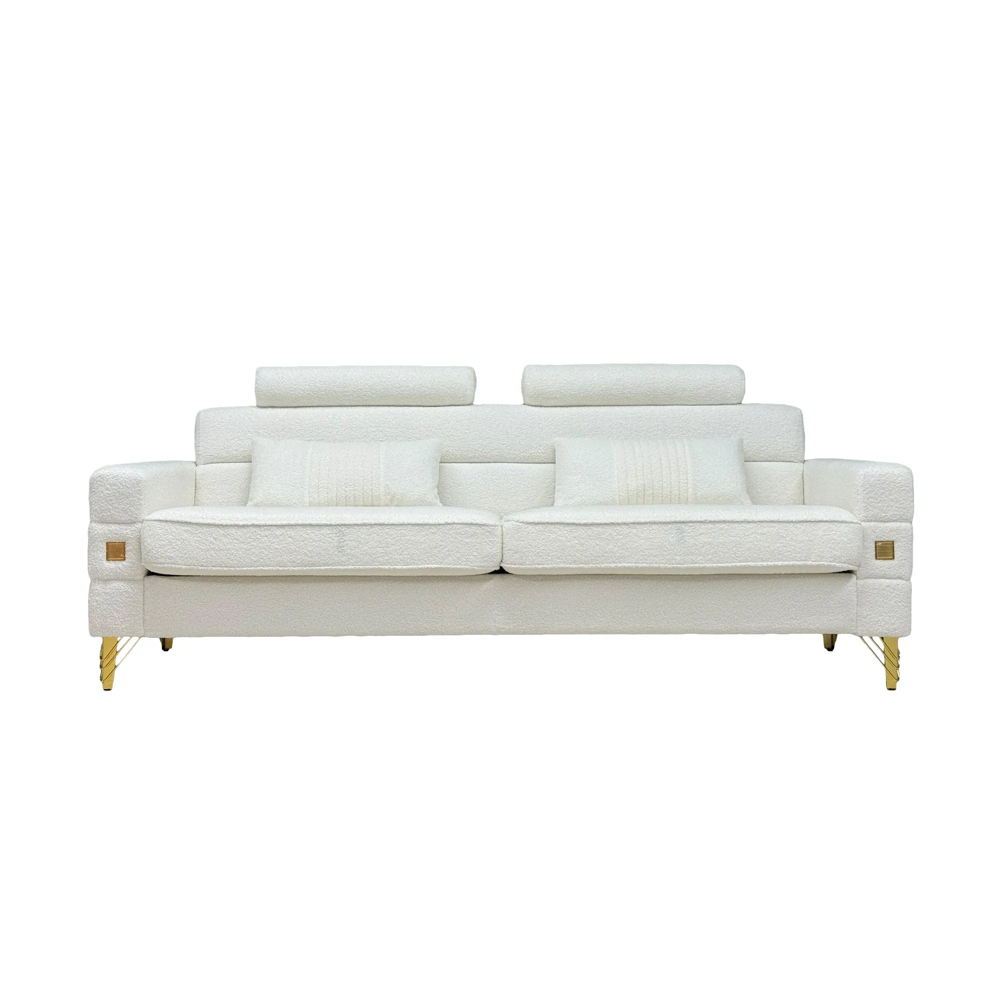 FX-P15-WB(sofa)  Elegant White Imitation wool circle fabric Sofa with Adjustable Headrests - Contemporary 3-Seat Couch with Gold Legs, Perfect for Living Room and Office Decor(TEMU Suitable)