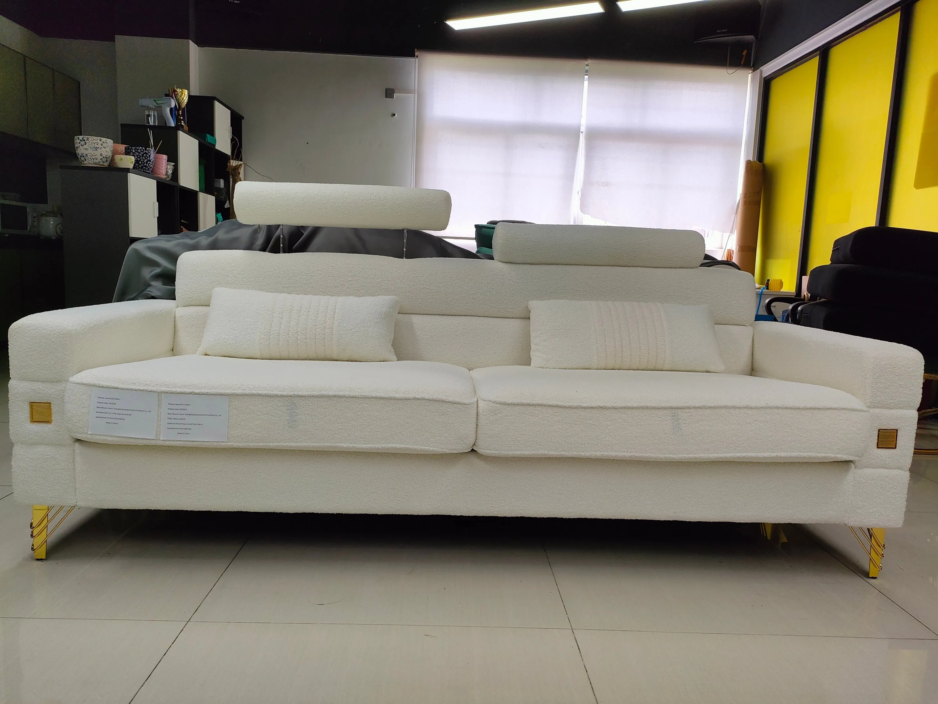 FX-P15-WB(sofa)  Elegant White Imitation wool circle fabric Sofa with Adjustable Headrests - Contemporary 3-Seat Couch with Gold Legs, Perfect for Living Room and Office Decor(TEMU Suitable)