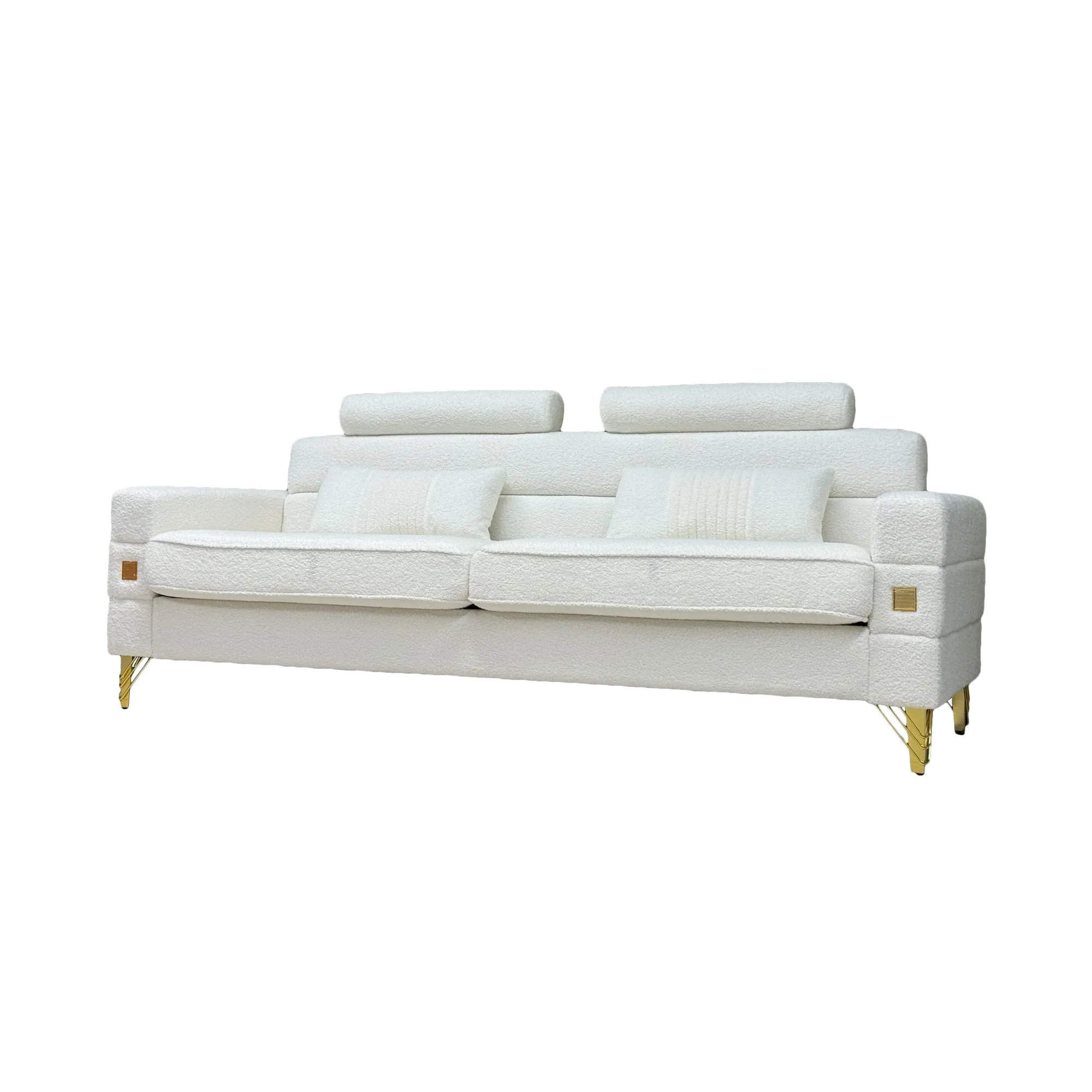 FX-P15-WB(sofa)  Elegant White Imitation wool circle fabric Sofa with Adjustable Headrests - Contemporary 3-Seat Couch with Gold Legs, Perfect for Living Room and Office Decor(TEMU Suitable)