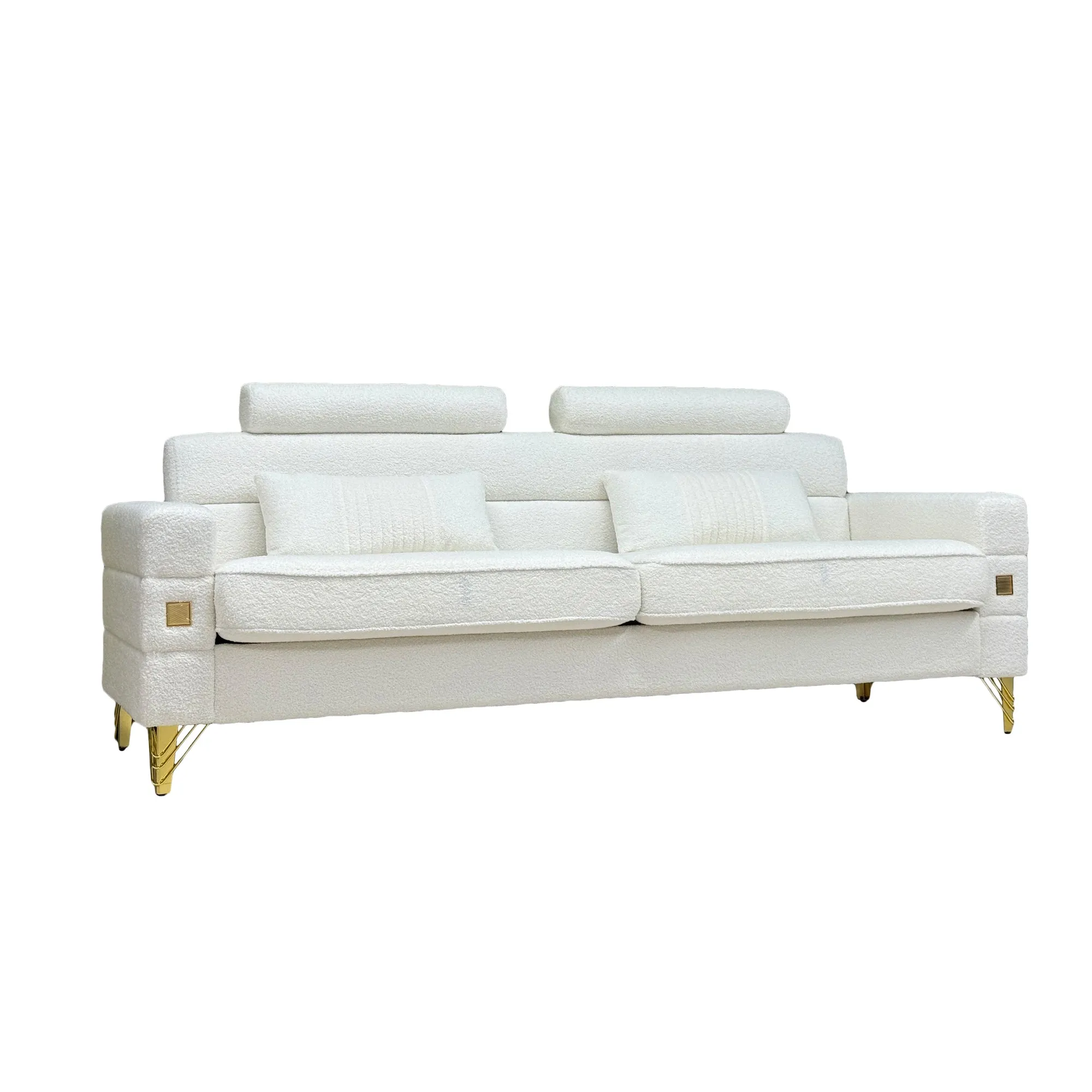 FX-P15-WB(sofa)  Elegant White Imitation wool circle fabric Sofa with Adjustable Headrests - Contemporary 3-Seat Couch with Gold Legs, Perfect for Living Room and Office Decor(TEMU Suitable)